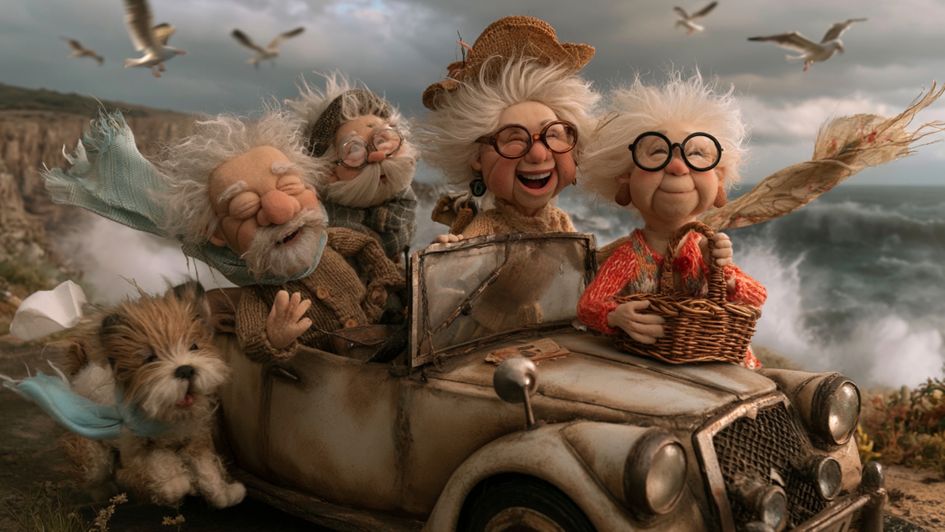 The elderly friends remain gathered around the vintage car as another strong gust catches them. T...