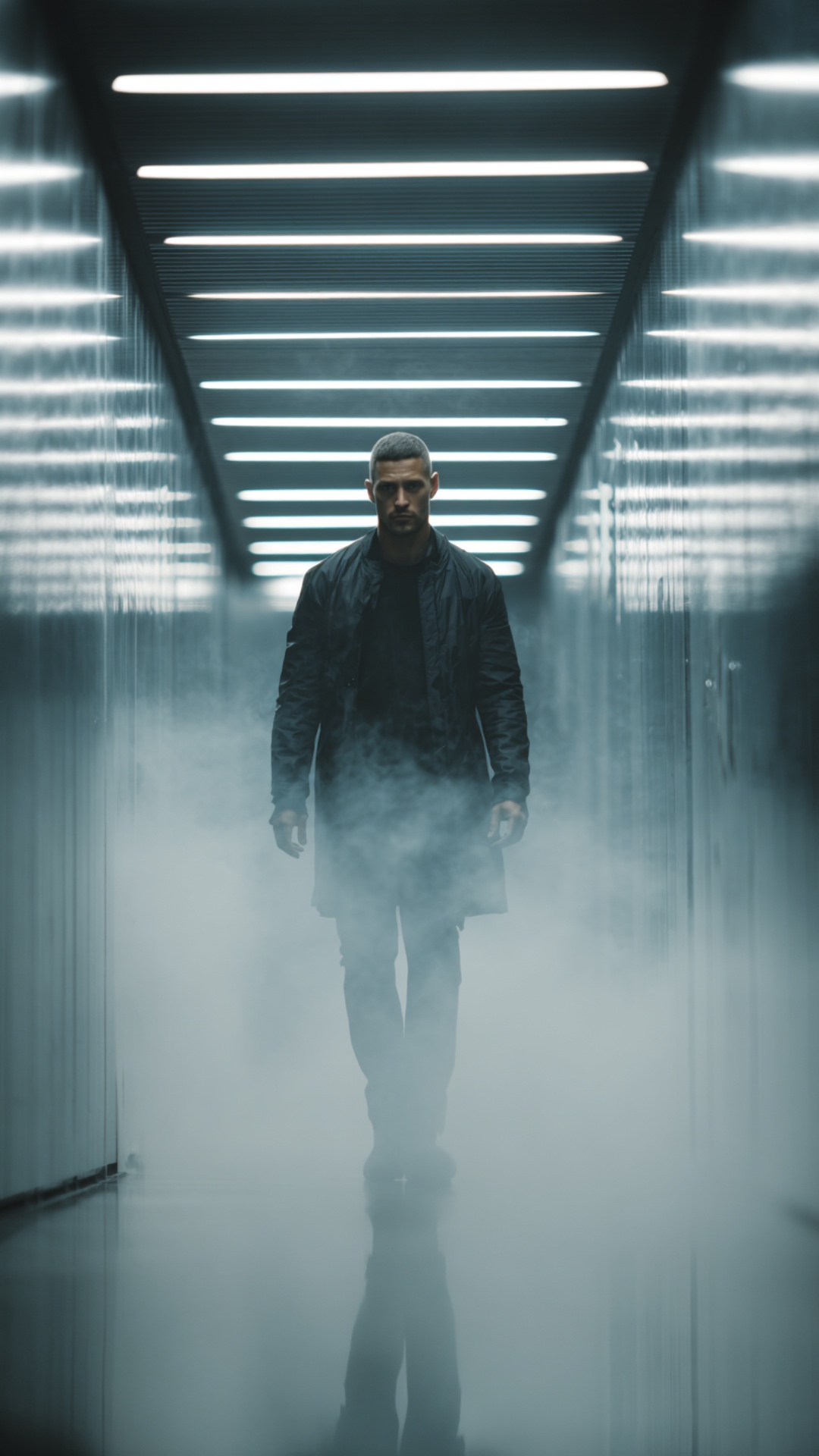 Cinematic walking shot, a confident man walking slowly towards the camera in a dark modern corrid...