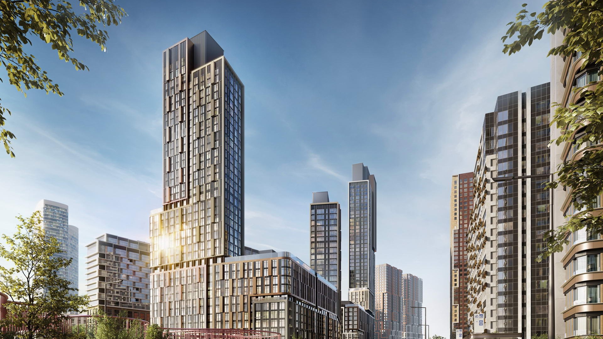 Slow cinematic pull-back revealing more of the modern city street and surrounding buildings. The ...