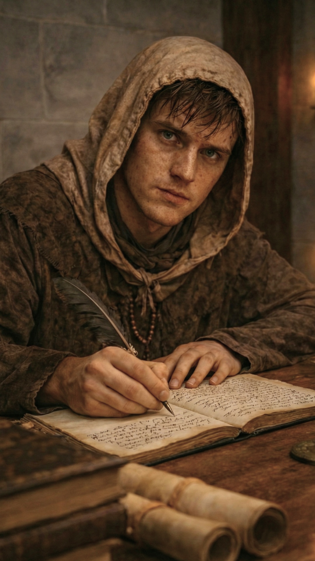 Cinematic vertical 9:16 scene, warm medieval candlelit room, realistic textures. A young man in a...