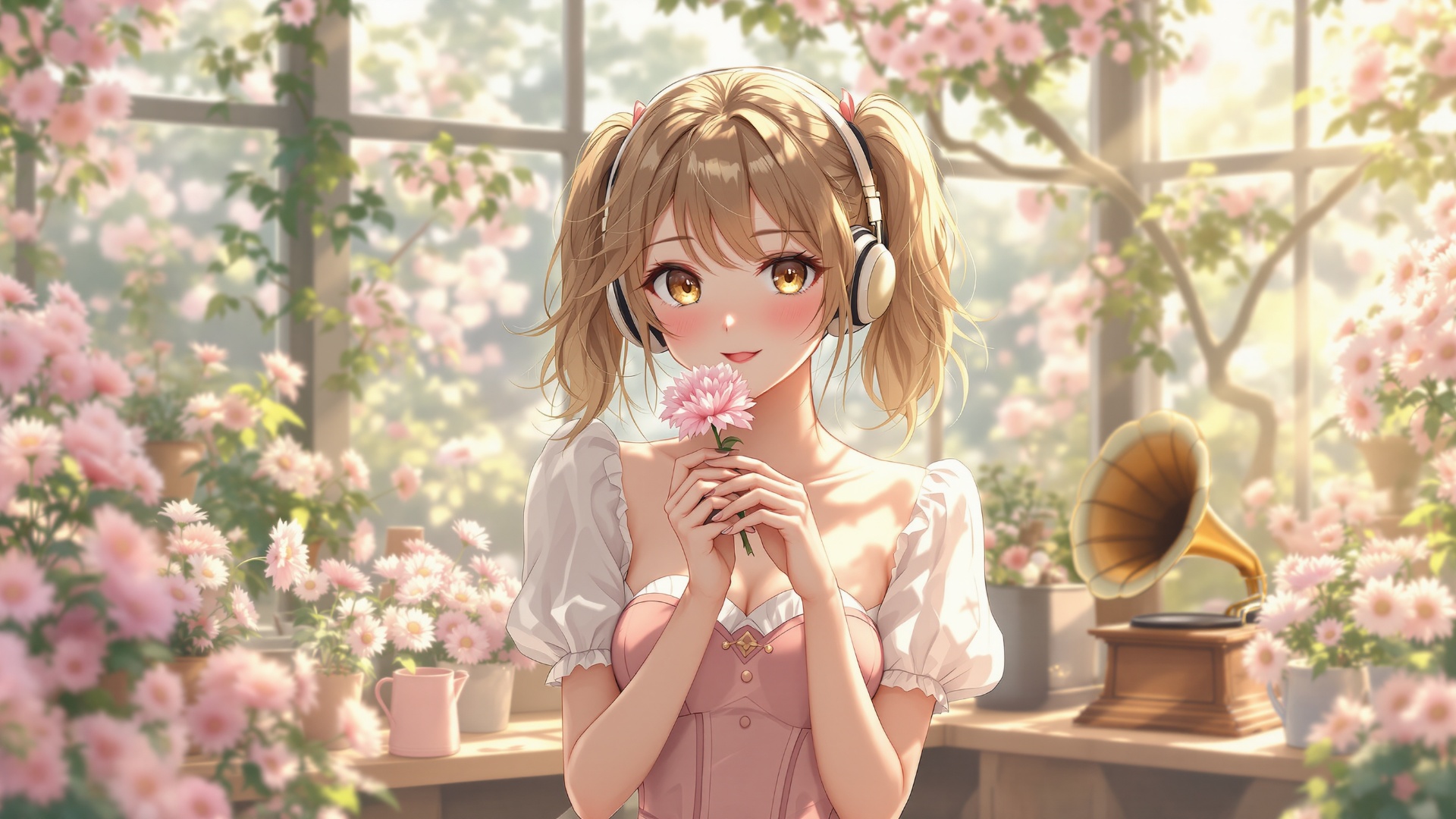 A fixed shot of a girl sitting completely still in one place, quietly listening to music. Her fac...