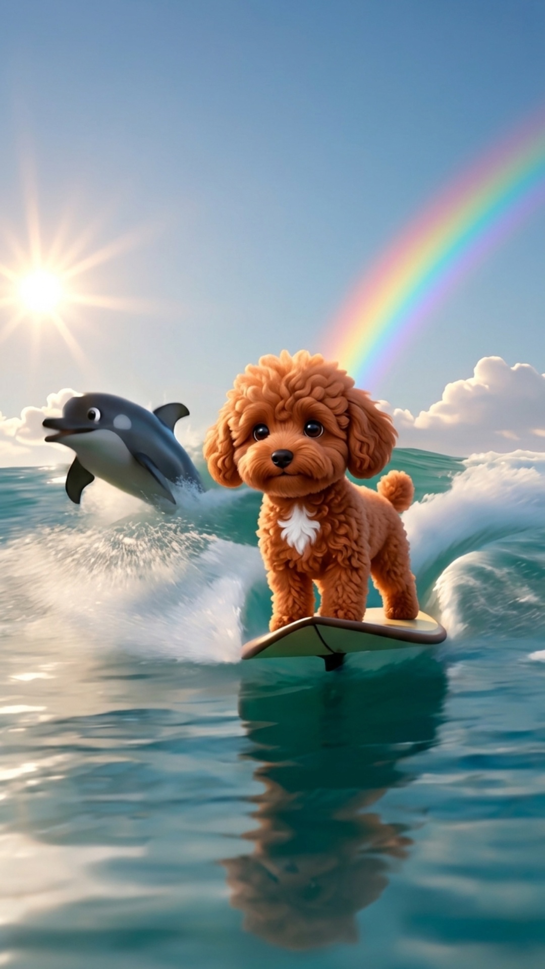 The cute fluffy brown dog on a surfboard joyfully stands up on its hind legs while riding a dynam...