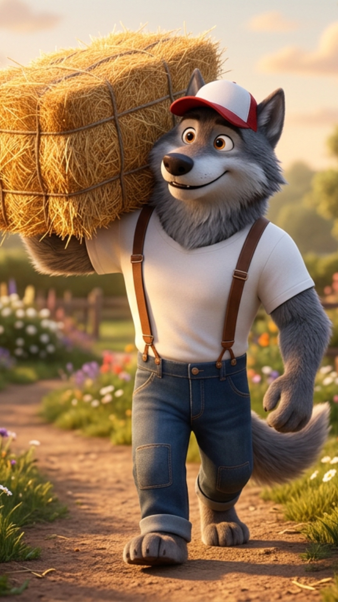 Strong rule: style --- 3D Pixar ---. A medium shot of the Wolf walking into the garden, carrying ...