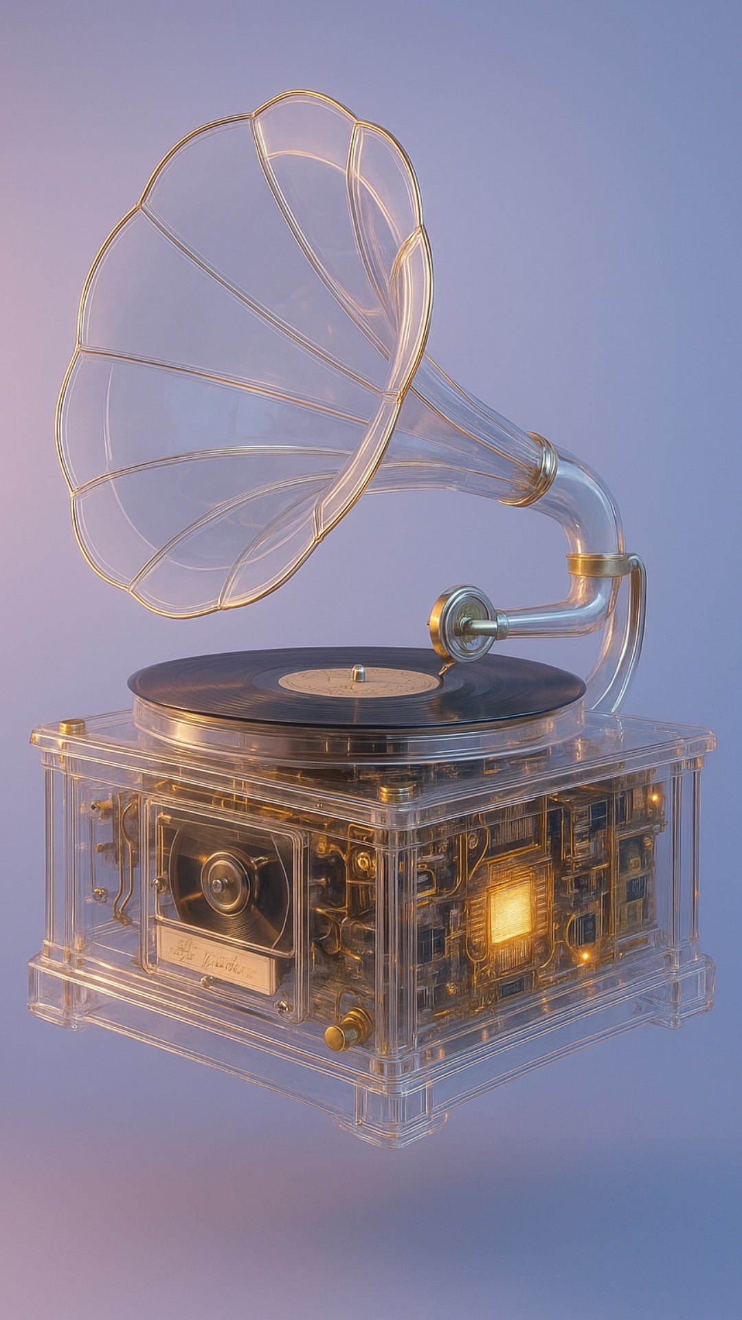 A slow cinematic rotation of a transparent gramophone floating mid-air, crafted from clear acryli...