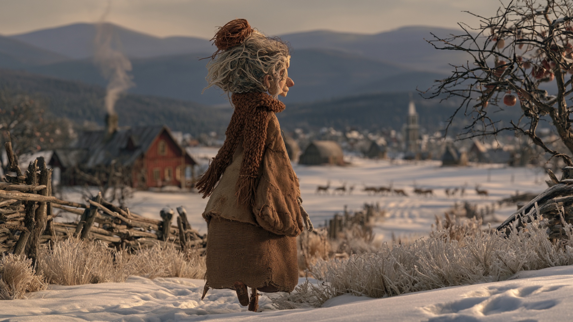 The woman continues walking away from the camera through the existing snow path, taking several c...
