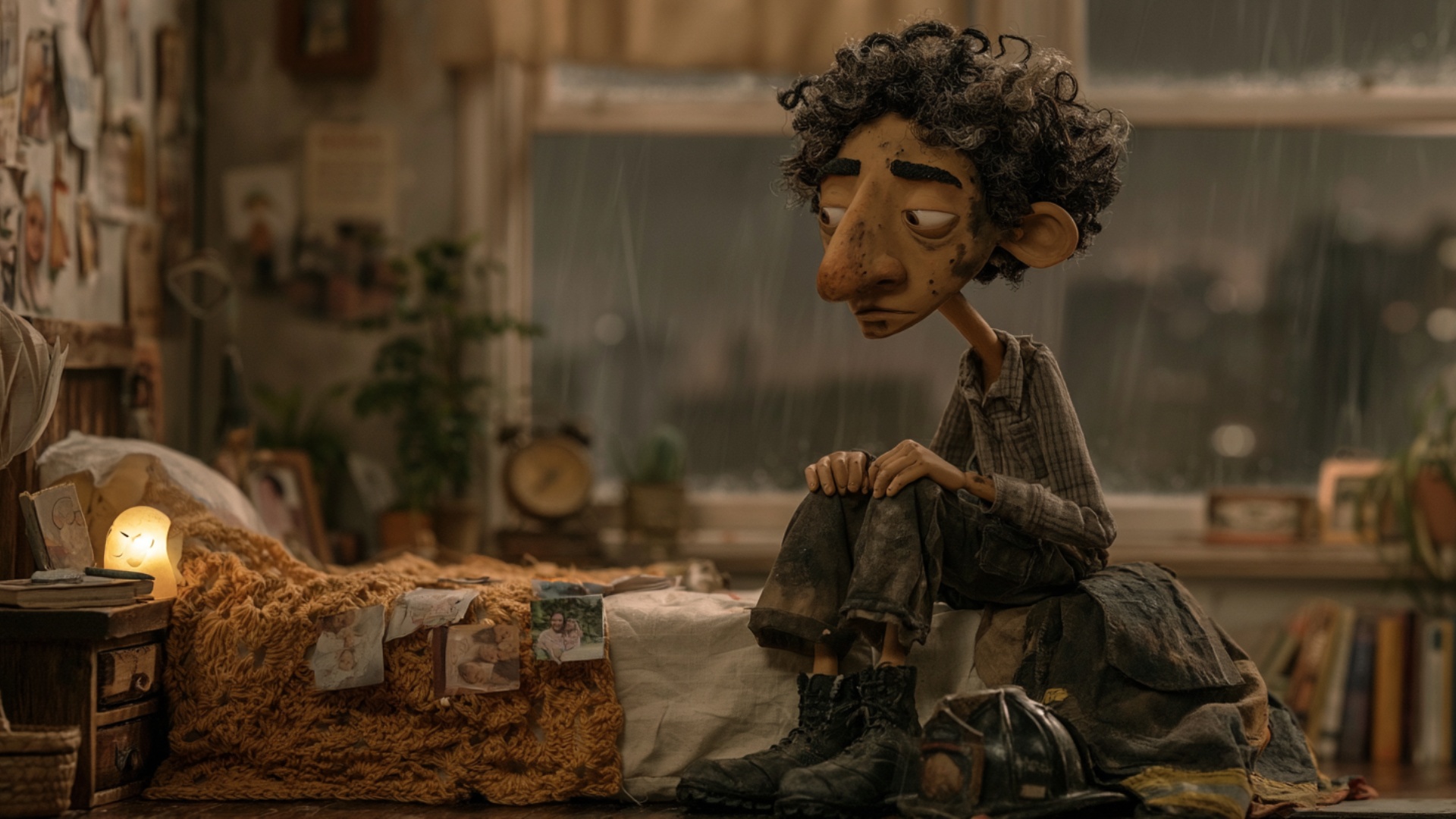 Single continuous 5-second cinematic shot. The exhausted firefighter reaches slowly toward the sm...
