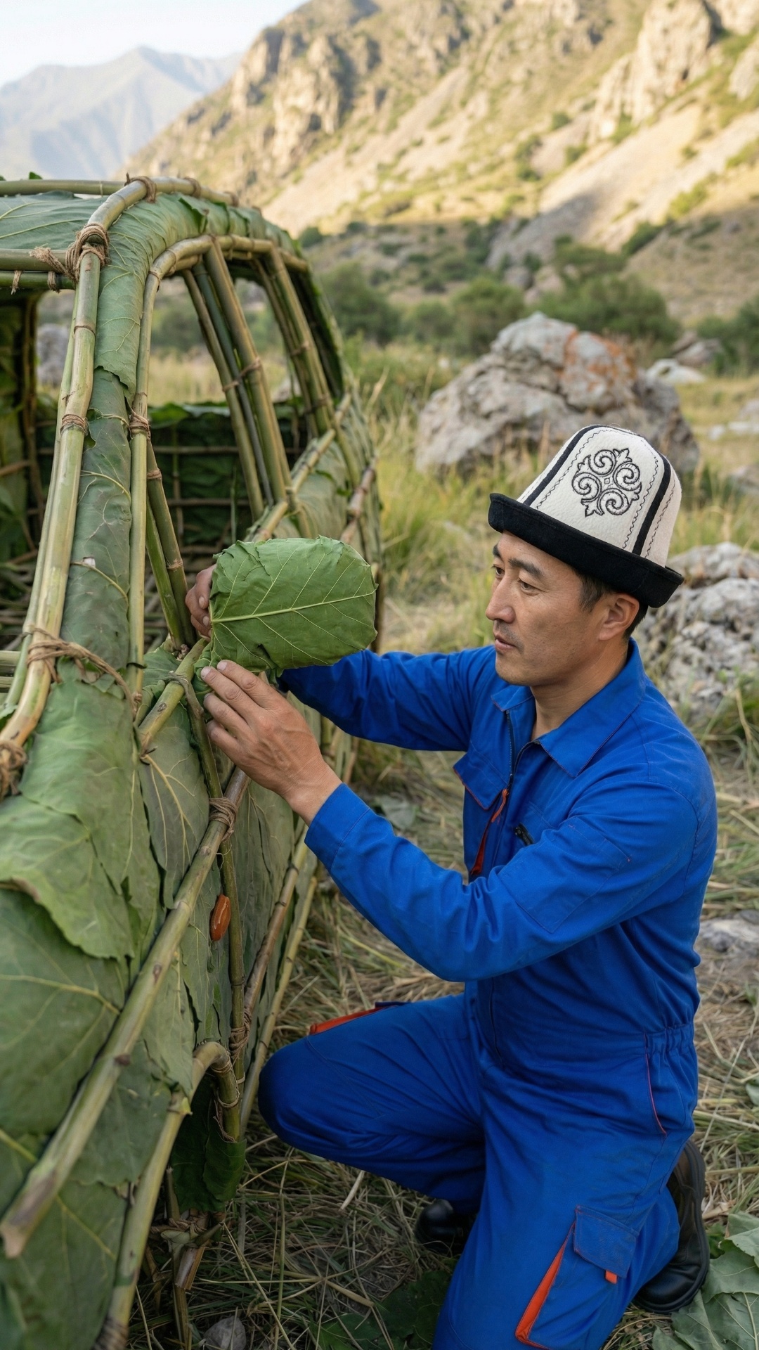 Cinematic ultra-realistic scene in a Central Asian mountain valley: man in blue work overalls and...