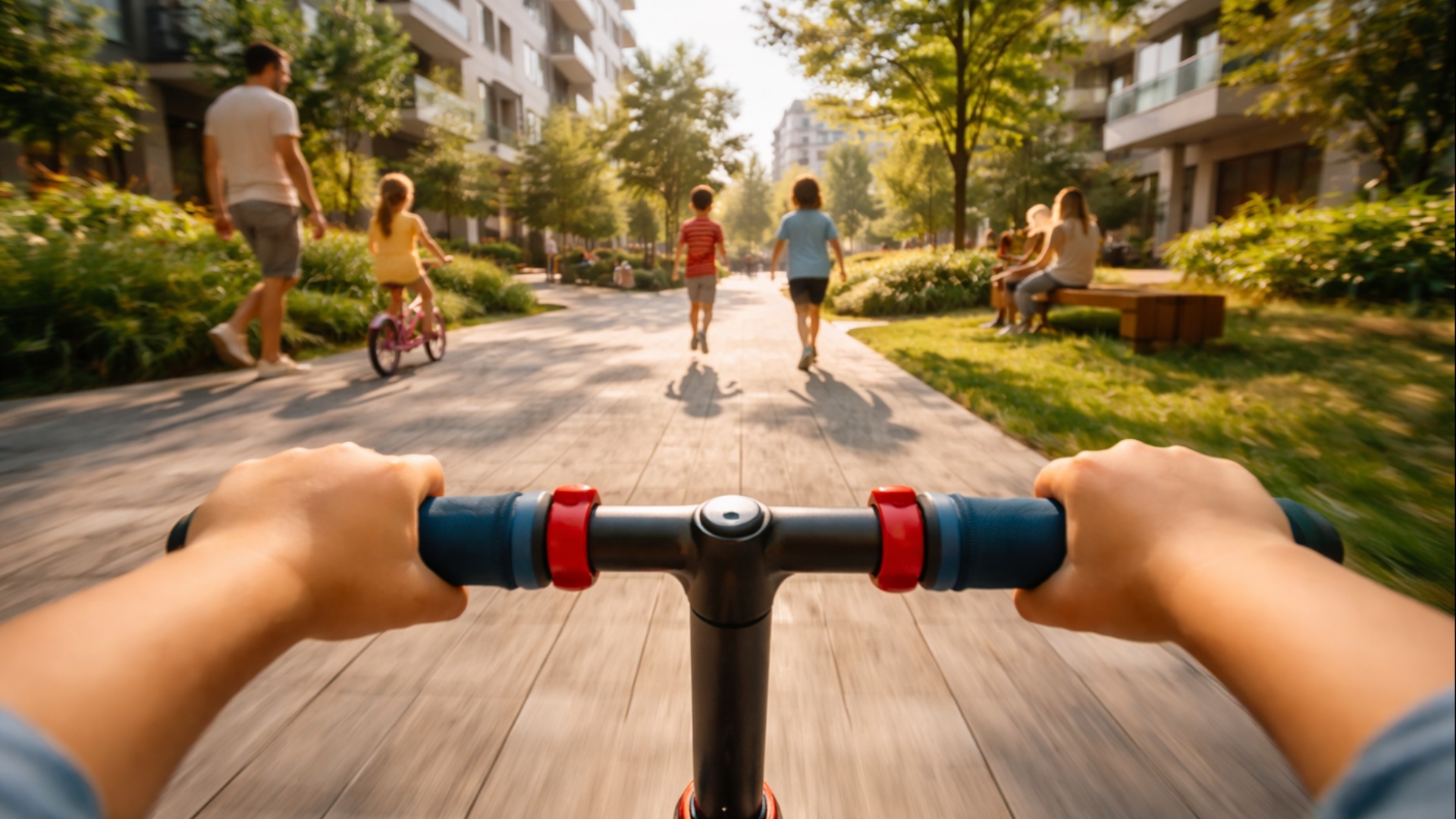 First-person perspective of a child riding a scooter along a sunny residential park pathway. The ...