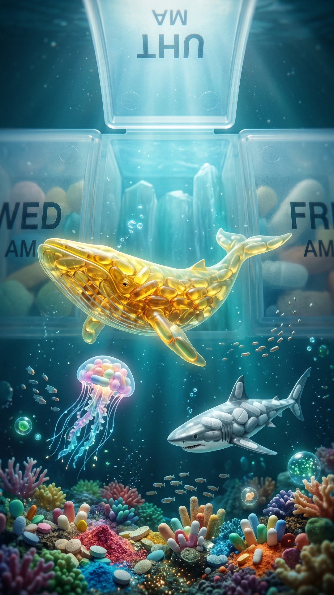Create a cinematic surreal video scene inside a pill organizer, where one compartment contains a ...