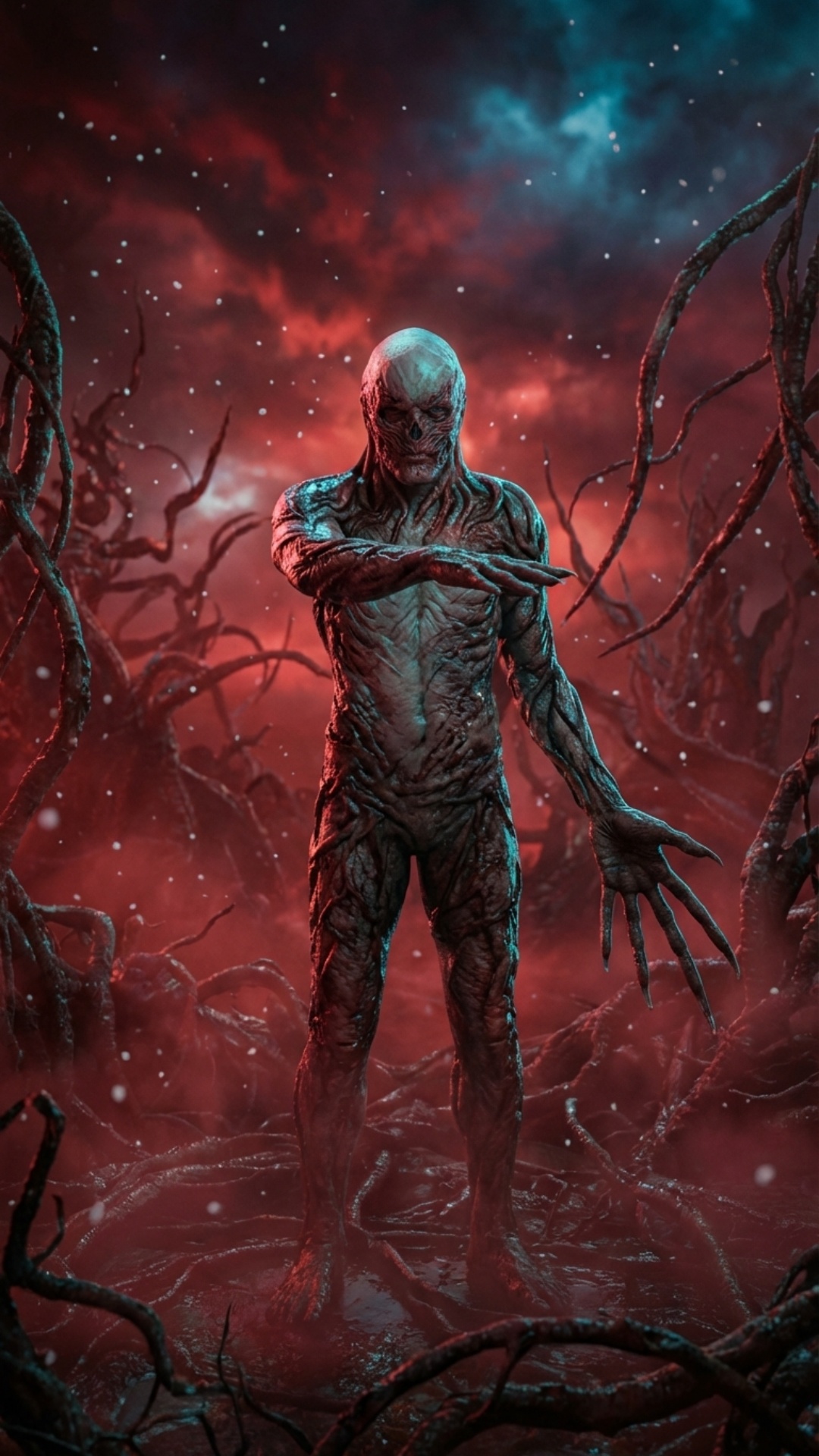 Vecna performing the Macarena dance inside the Upside Down: first he extends both arms straight f...