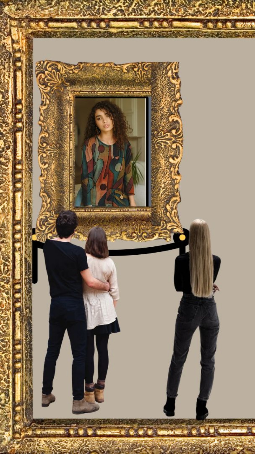 take outthe woman with long hair and make the two people walk a little bit to the right looking a...