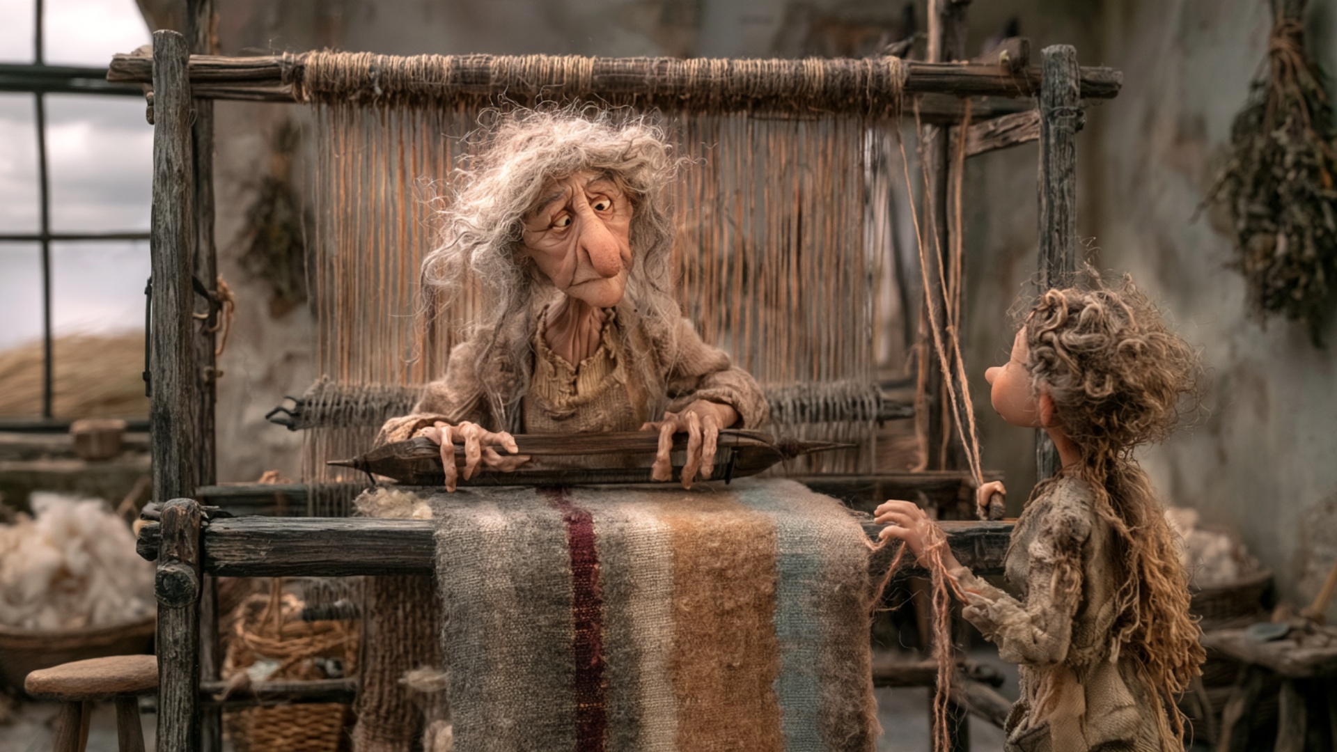 Cinematic dolly across the front of the loom. The elderly weaver guides the existing wooden shutt...