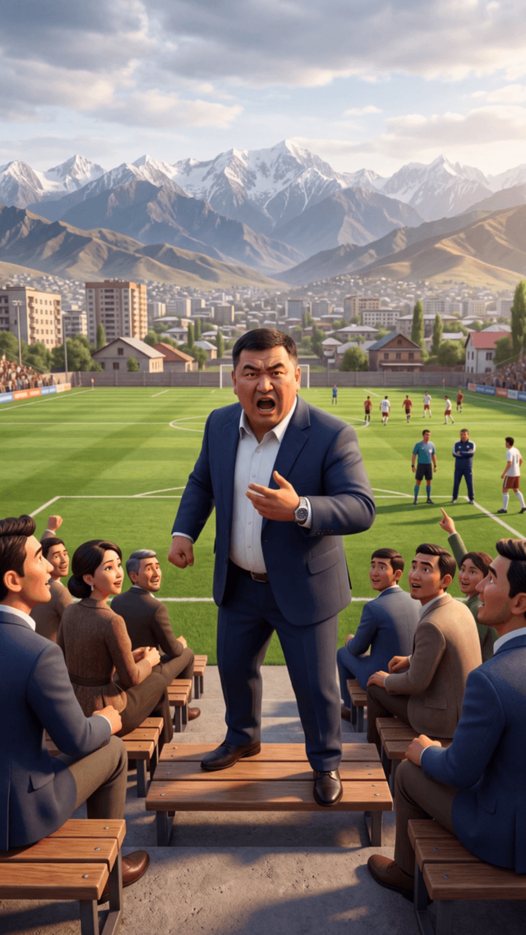 Pixar 3D animation style, cinematic quality.
Wooden spectator benches, outdoor pitch.
Kyrgyz man ...