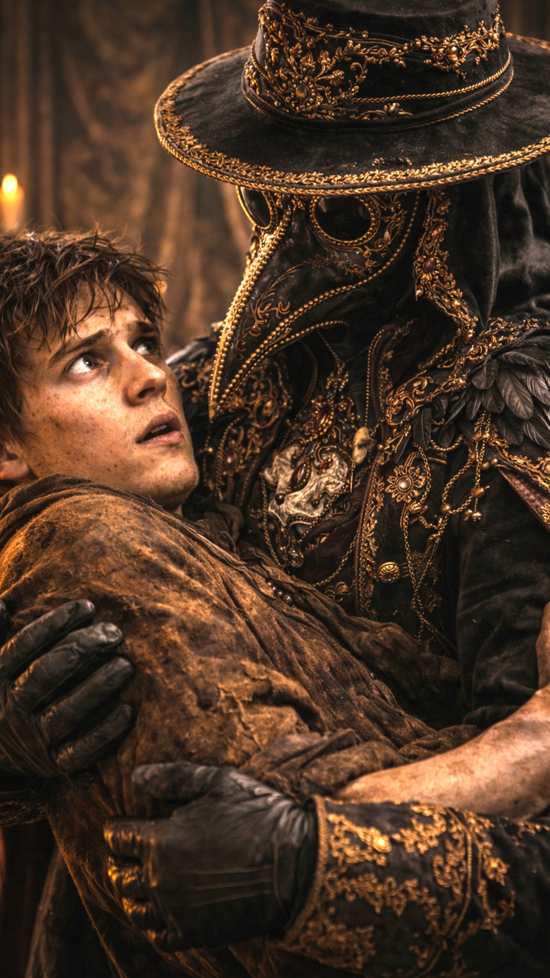 Terrified young adult male held in the arms of an ornate plague doctor, doctor supports him with ...
