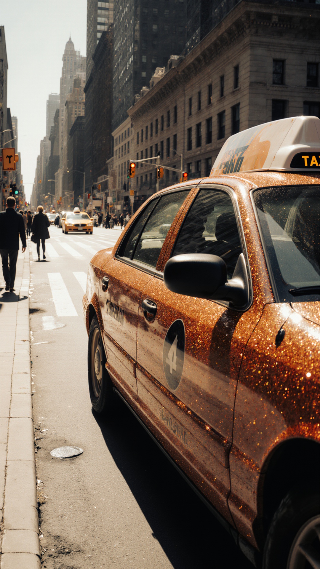 A static cinematic side shot of a busy New York street in daylight. The camera is fixed in place,...