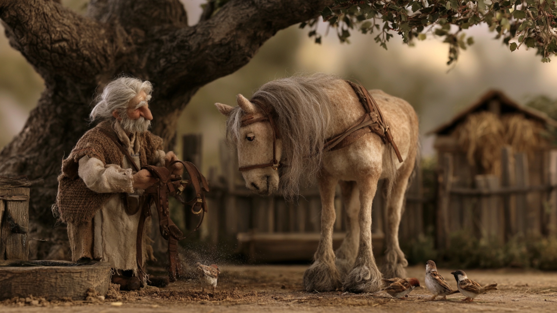 The farmer steadily loosens and removes one section of the leather harness from the horse, pullin...