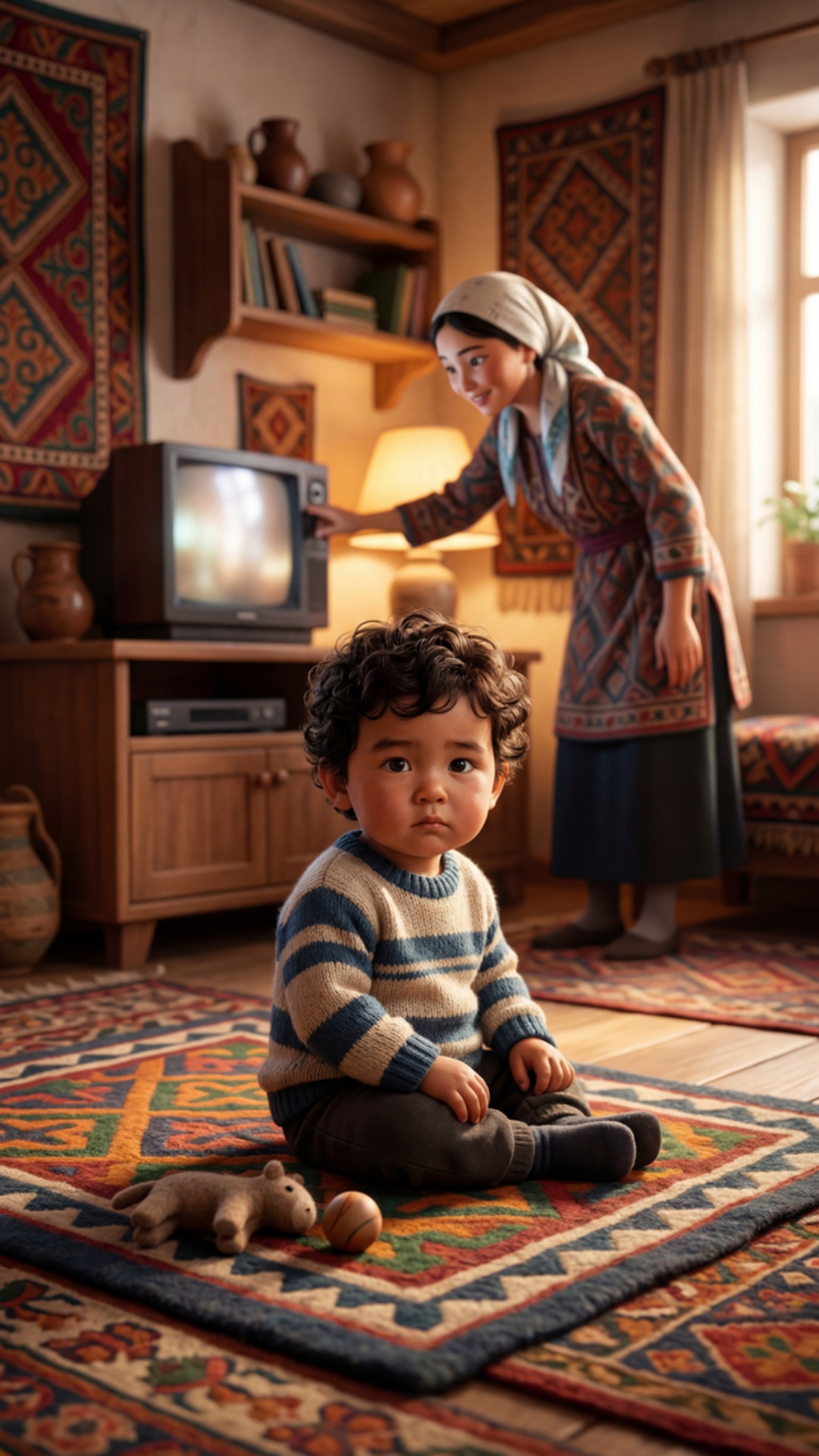 a 2 year old кыргыз boy sitting on the floor, looking serious, mother in background turning on TV...