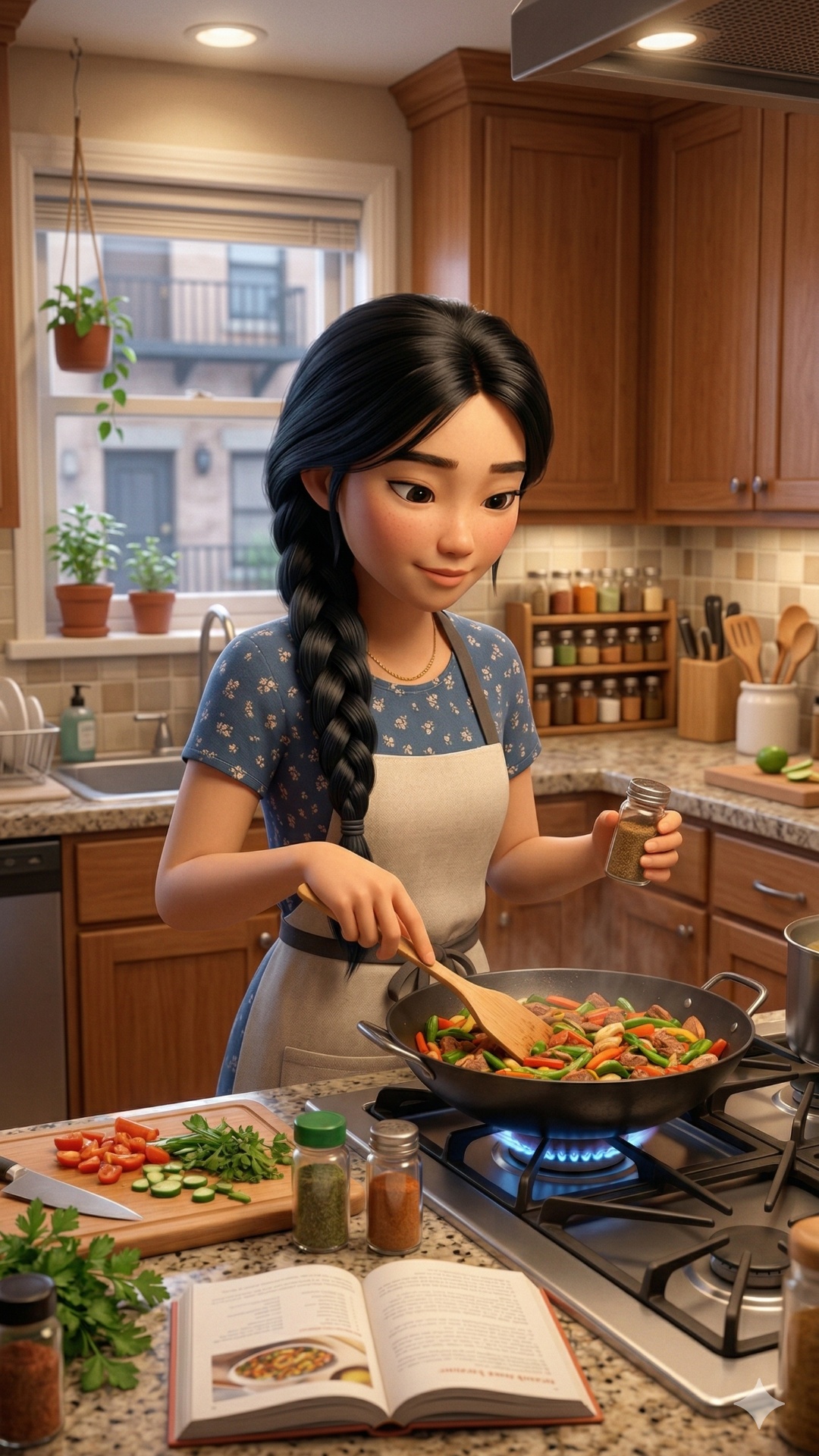 Animate the girl from the reference image in a cozy home kitchen, standing near the stove and coo...