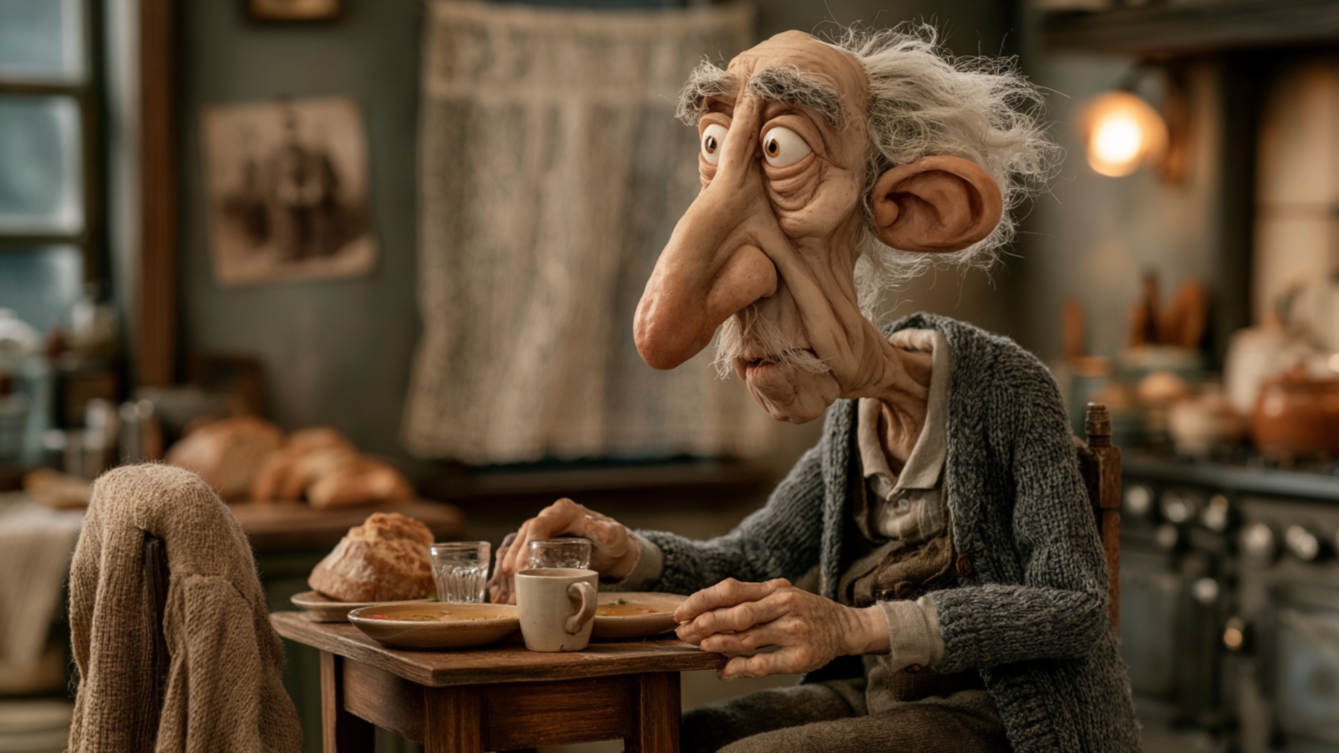 Start from the exact seated pose in the image. The elderly man slowly turns his eyes toward the e...