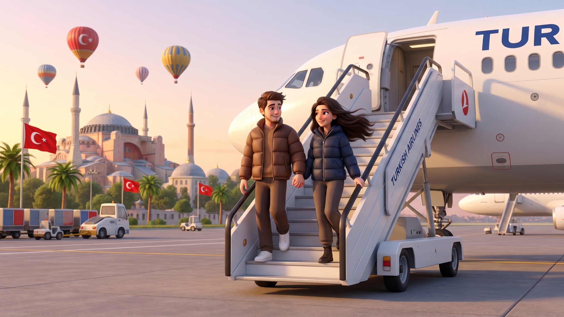 пара медленно спускается с самолета и идет вперед, камера с ними