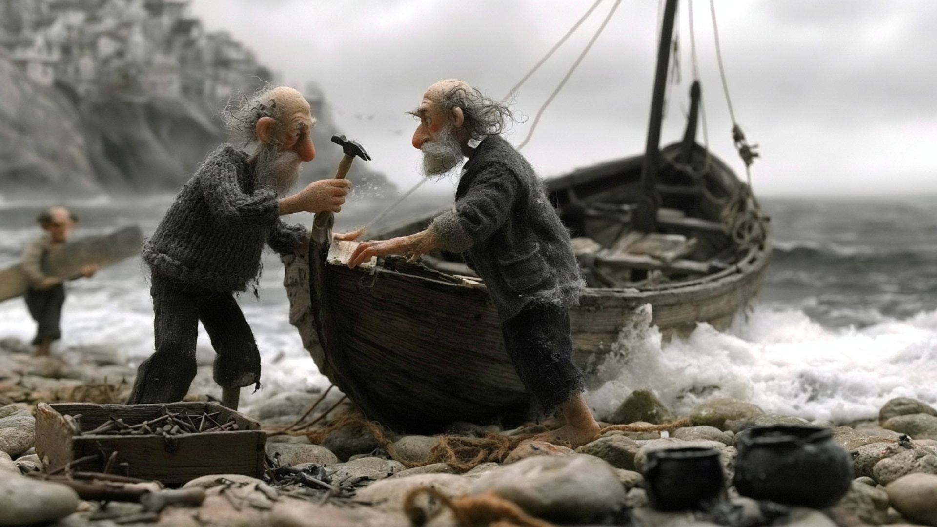 The fisherman holding the hammer makes two slow controlled hammer strikes onto the wooden plank w...