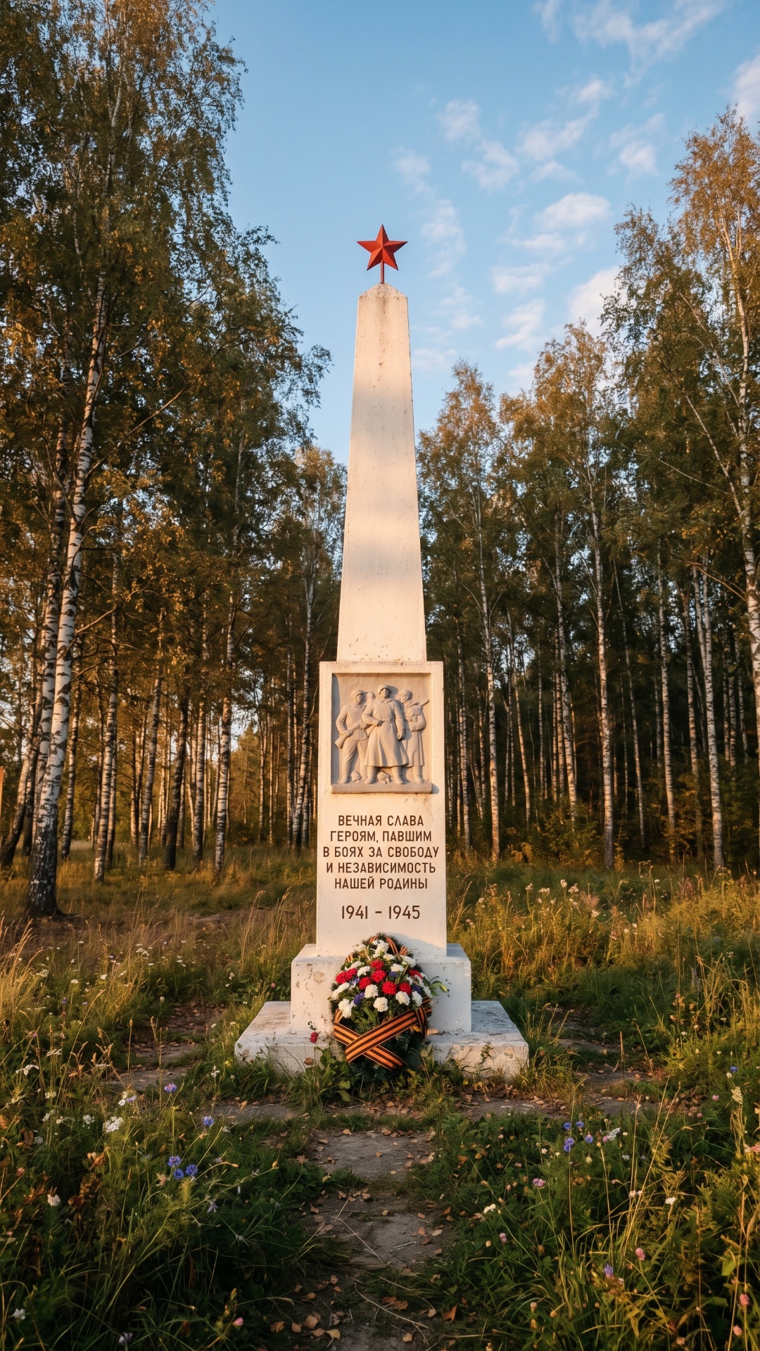 A white memorial obelisk with a red star on top stands in a quiet birch forest clearing, with flo...