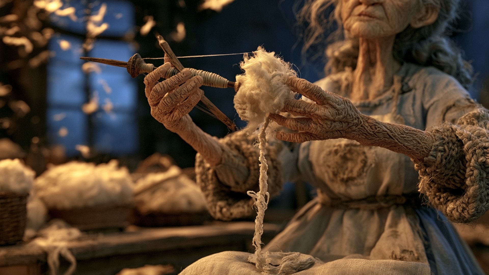 The wrinkled hands twist and draw fibers from the fluffy wool bundle while the wooden spindle rot...