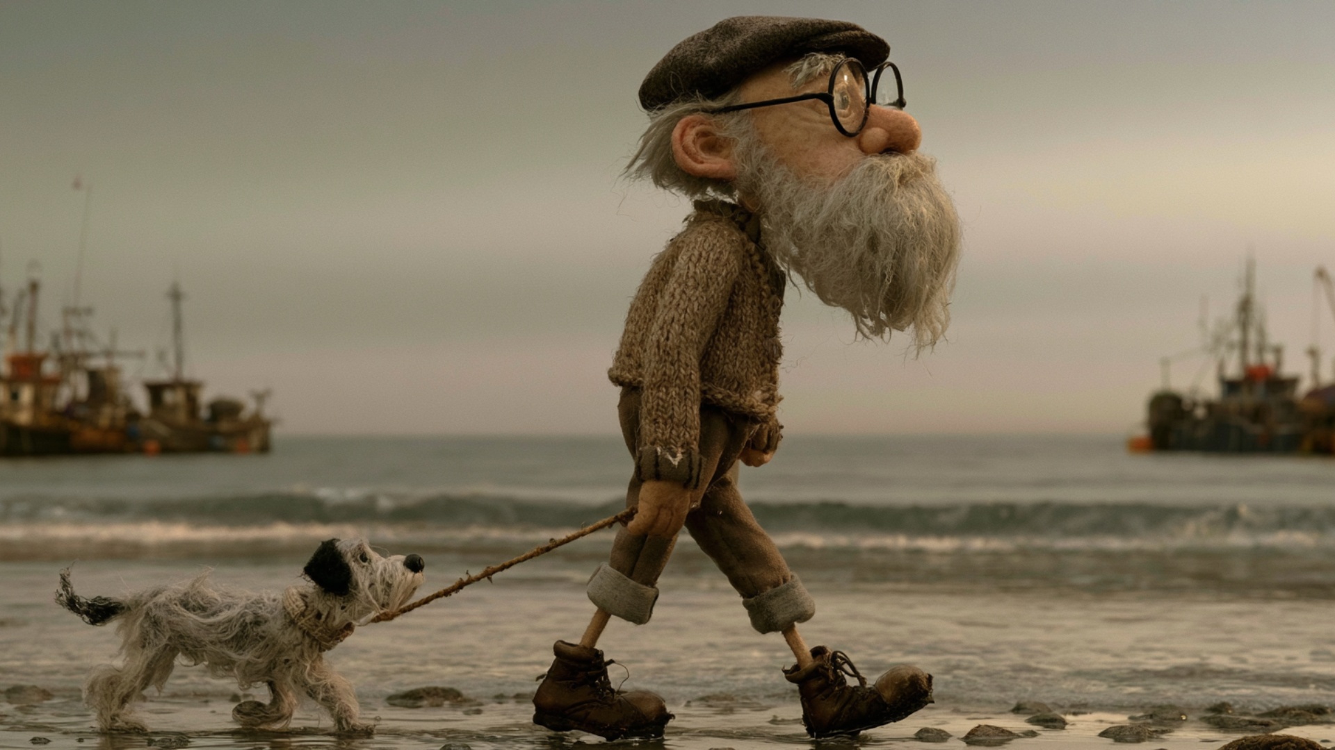 Continue the walking motion already captured in the frame. The fisherman walks steadily along the...
