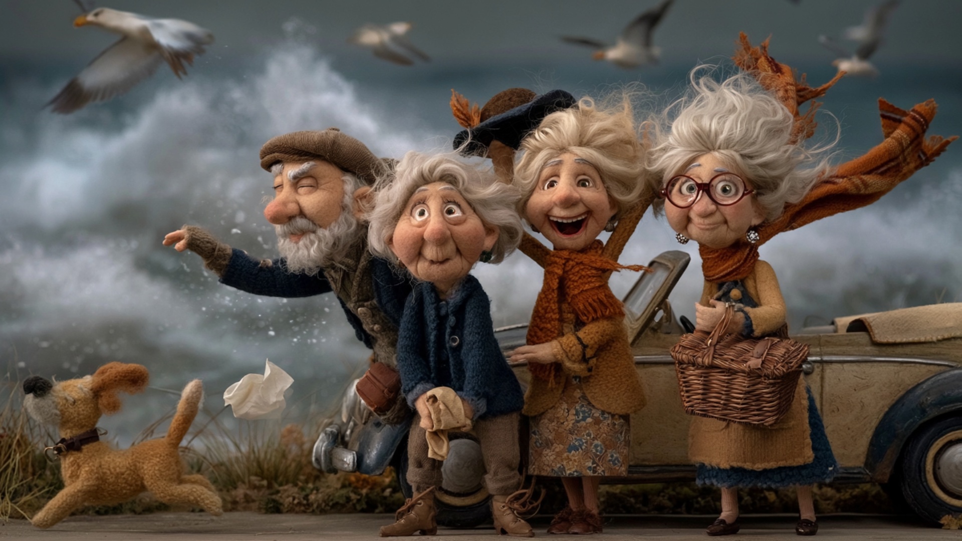 A powerful coastal gust hits the group. The elderly man on the left braces himself and reaches sl...