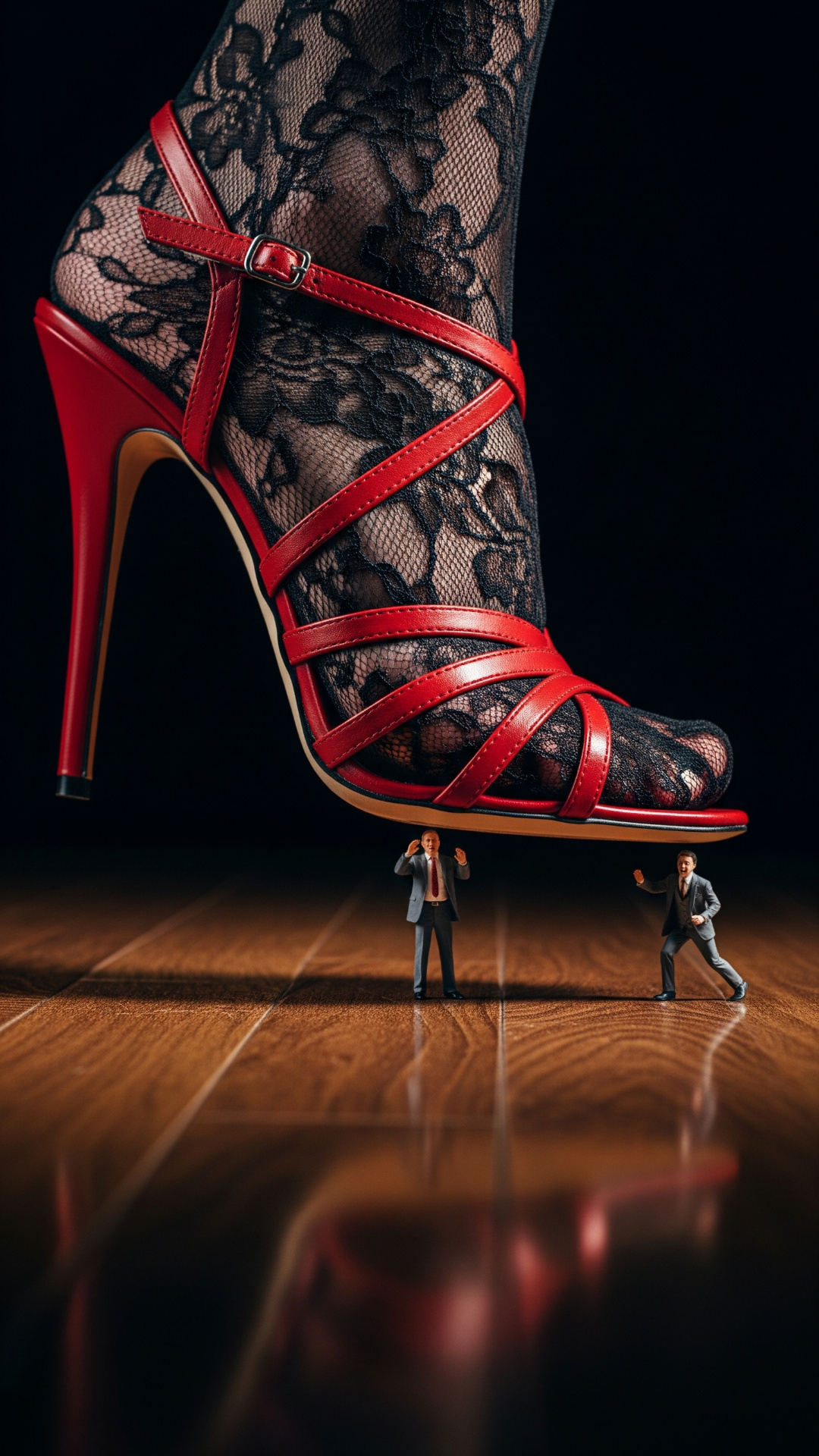 she is crushing, flattening and grinding the tiny guy under her shoe. Some little Red splatters a...