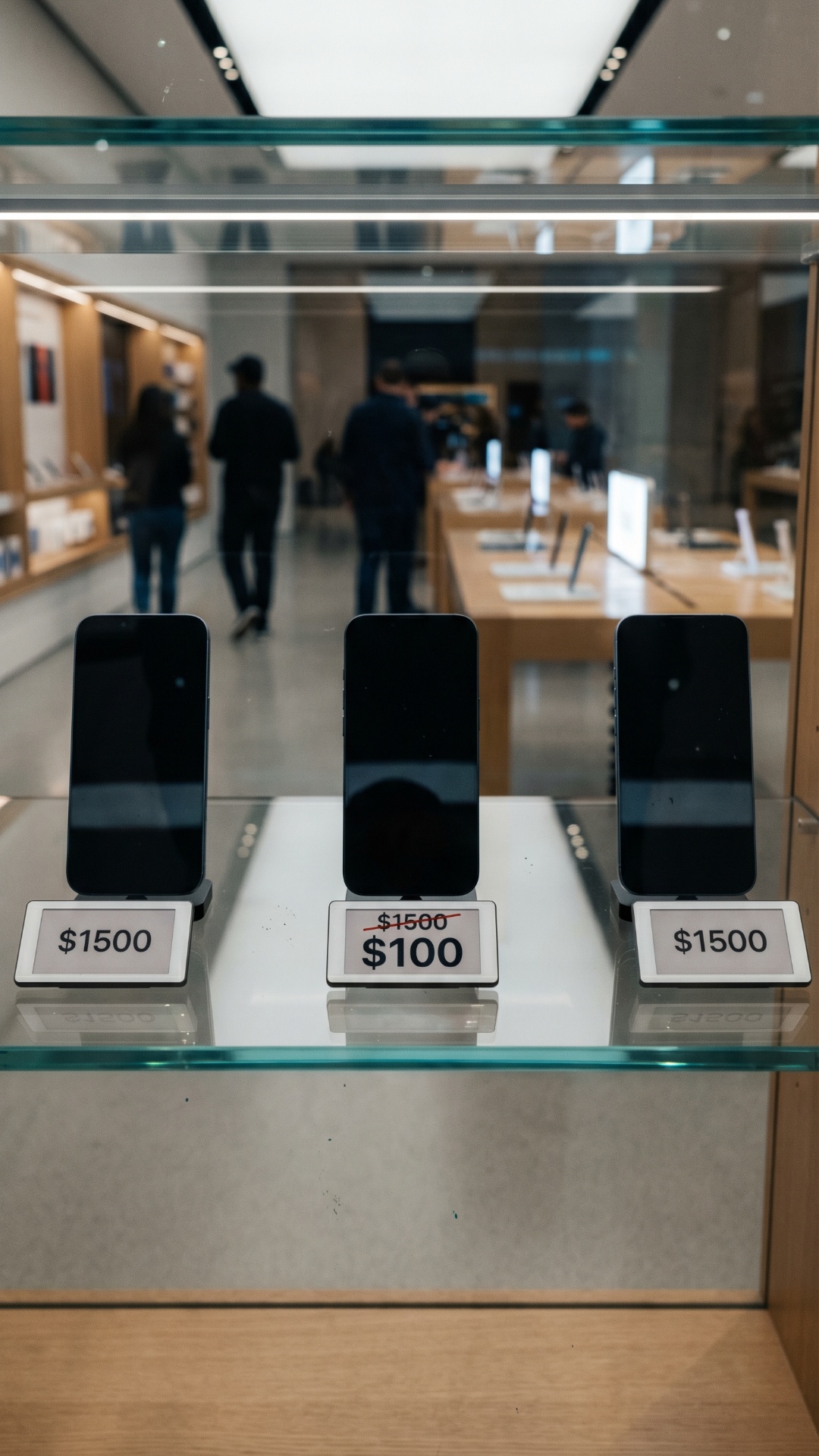 Ultra photorealistic modern electronics store display, three identical smartphones arranged in a ...