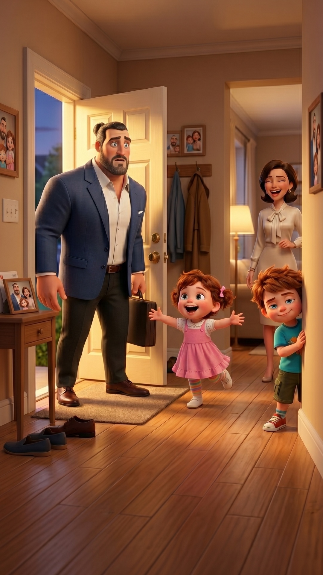 The Arrival: Dad Andrey (the man in a blue blazer) steps inside through the front door. Sonya (th...