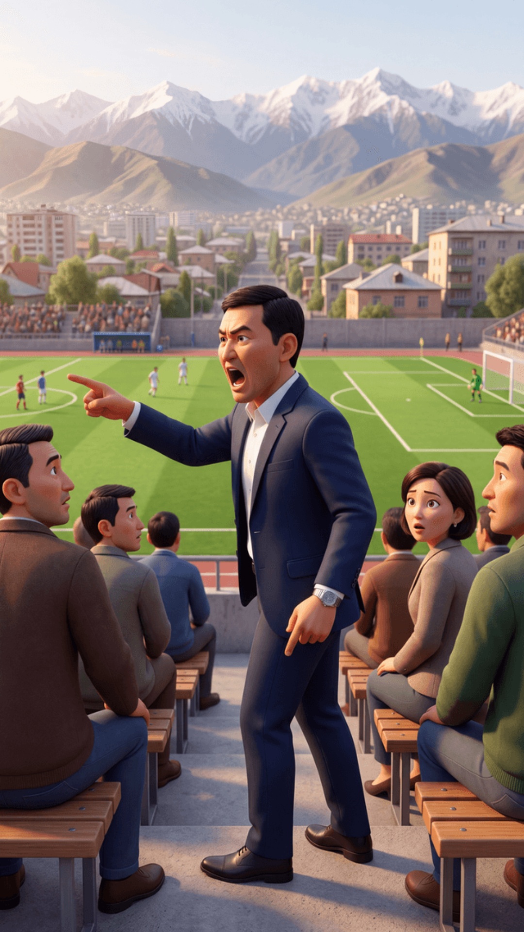 Pixar 3D animation style, cinematic quality.
Outdoor stadium benches, Kyrgyzstan city,
snow-cappe...