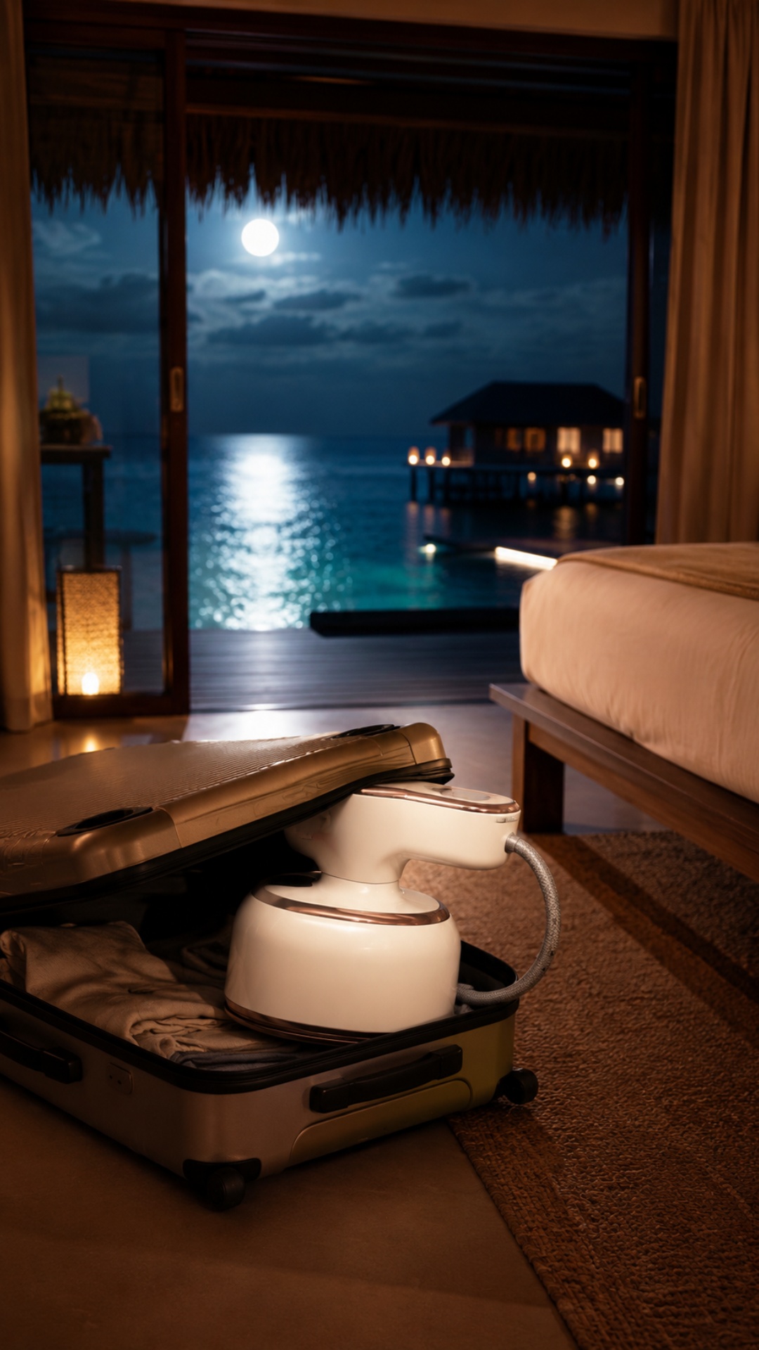 Nighttime cinematic scene inside the luxury Maldives villa after the couple has left for dinner. ...