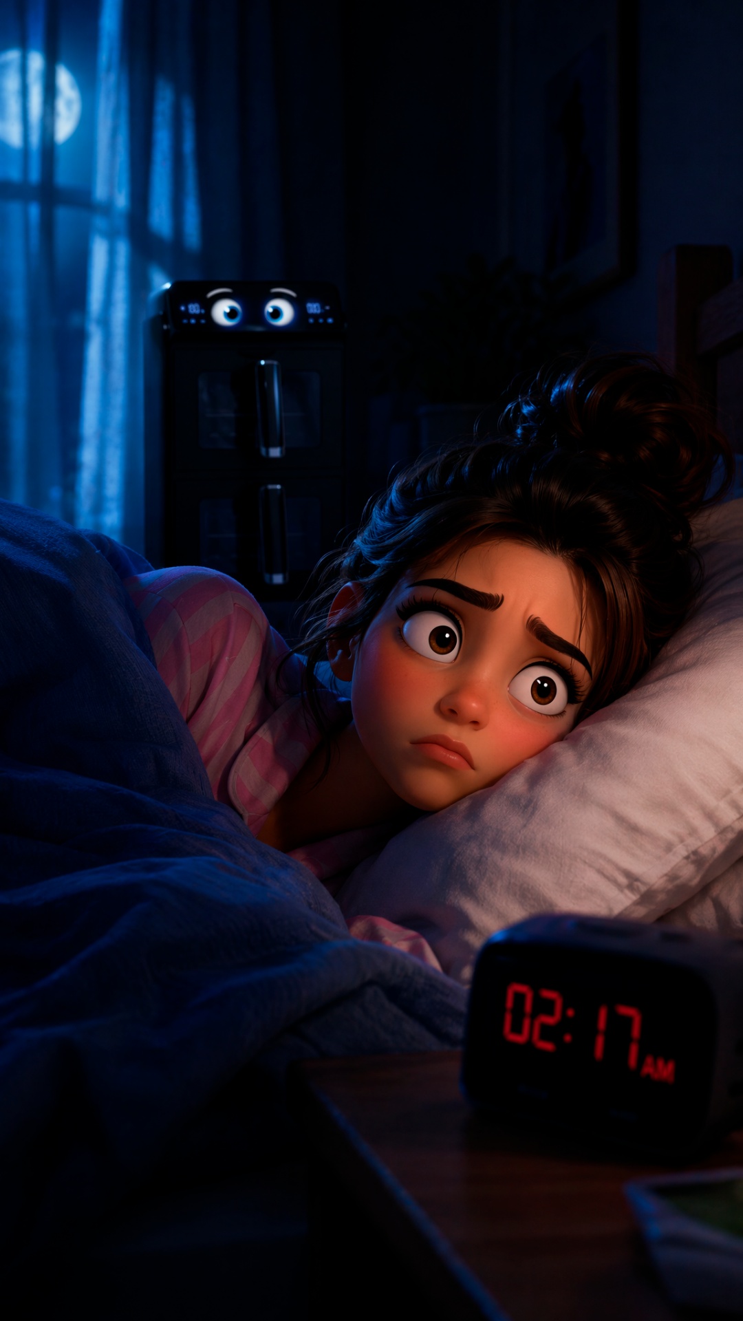 The girl lies in bed staring ahead.

Her eyes blink several times.

She slowly turns her eyes...