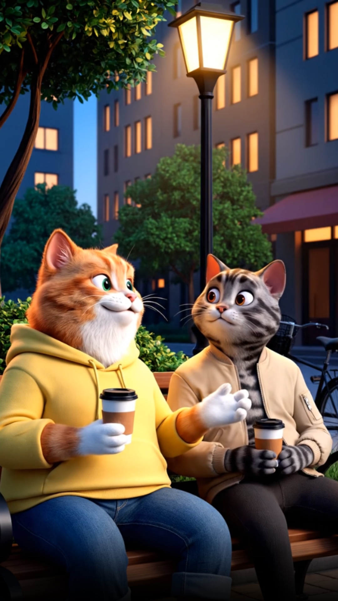 *Photorealistic animated scene in a modern city park at dusk. Two anthropomorphic cats are sittin...