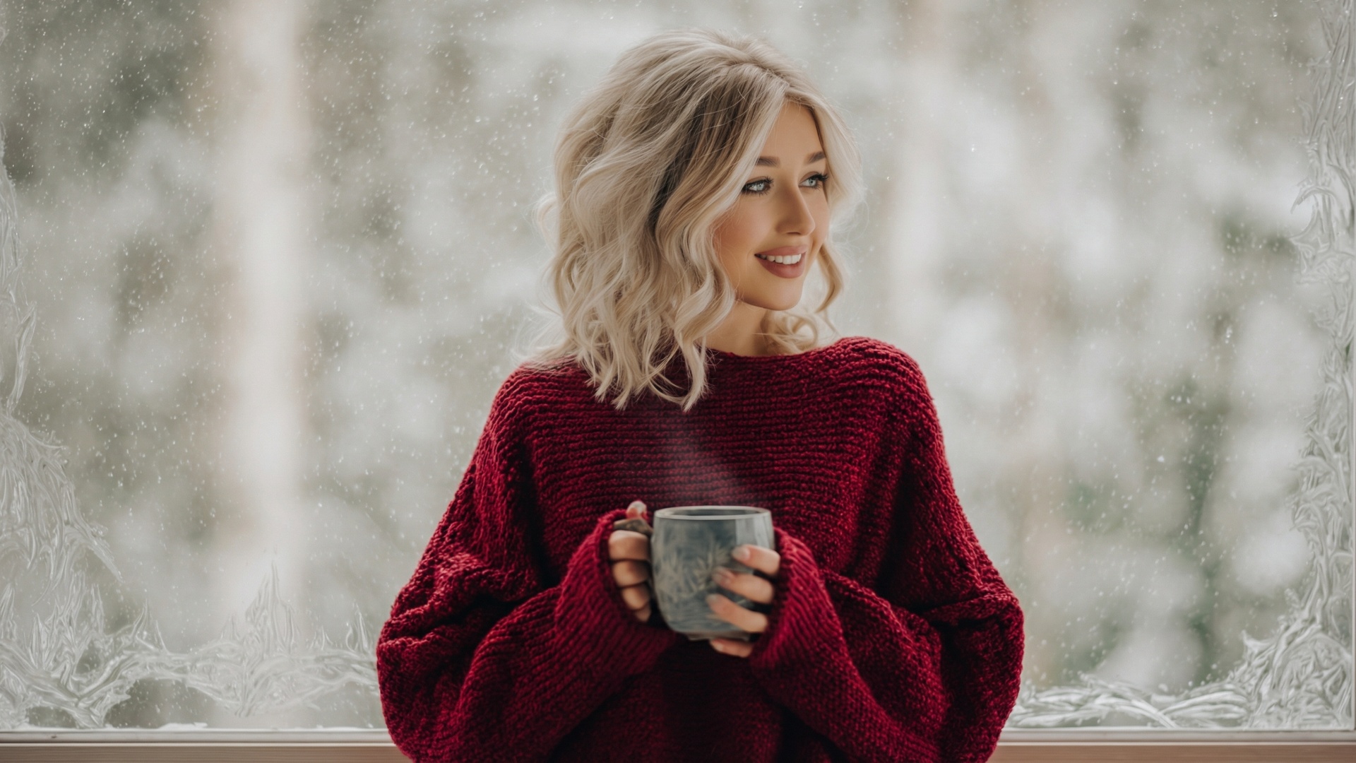 Subject: Woman in a burgundy knit sweater holding a warm mug
Context: Cozy apartment interior wit...