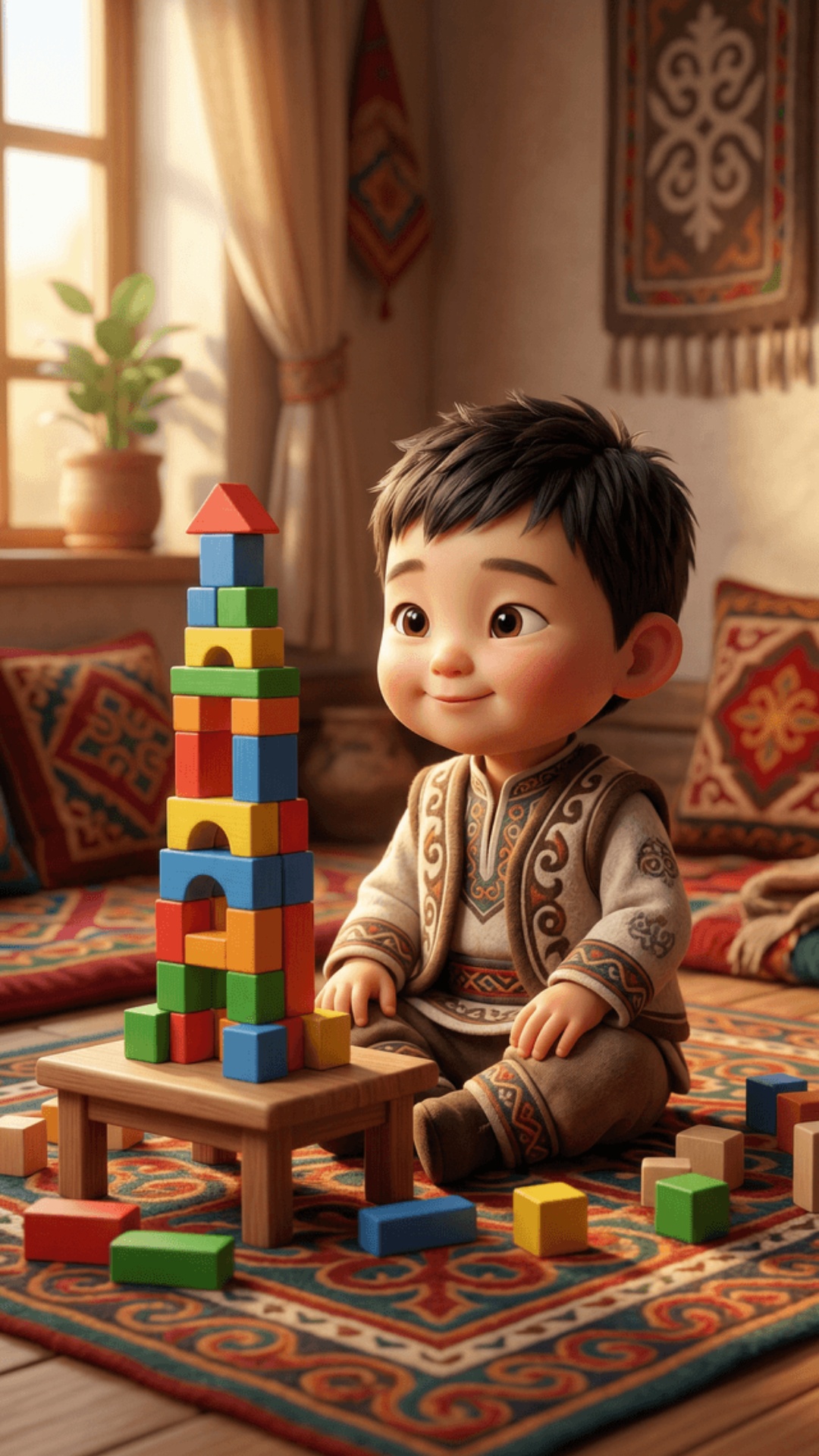 vertical video 9:16, pixar style animation, fully stylized cartoon кыргыз characters, no realism,...