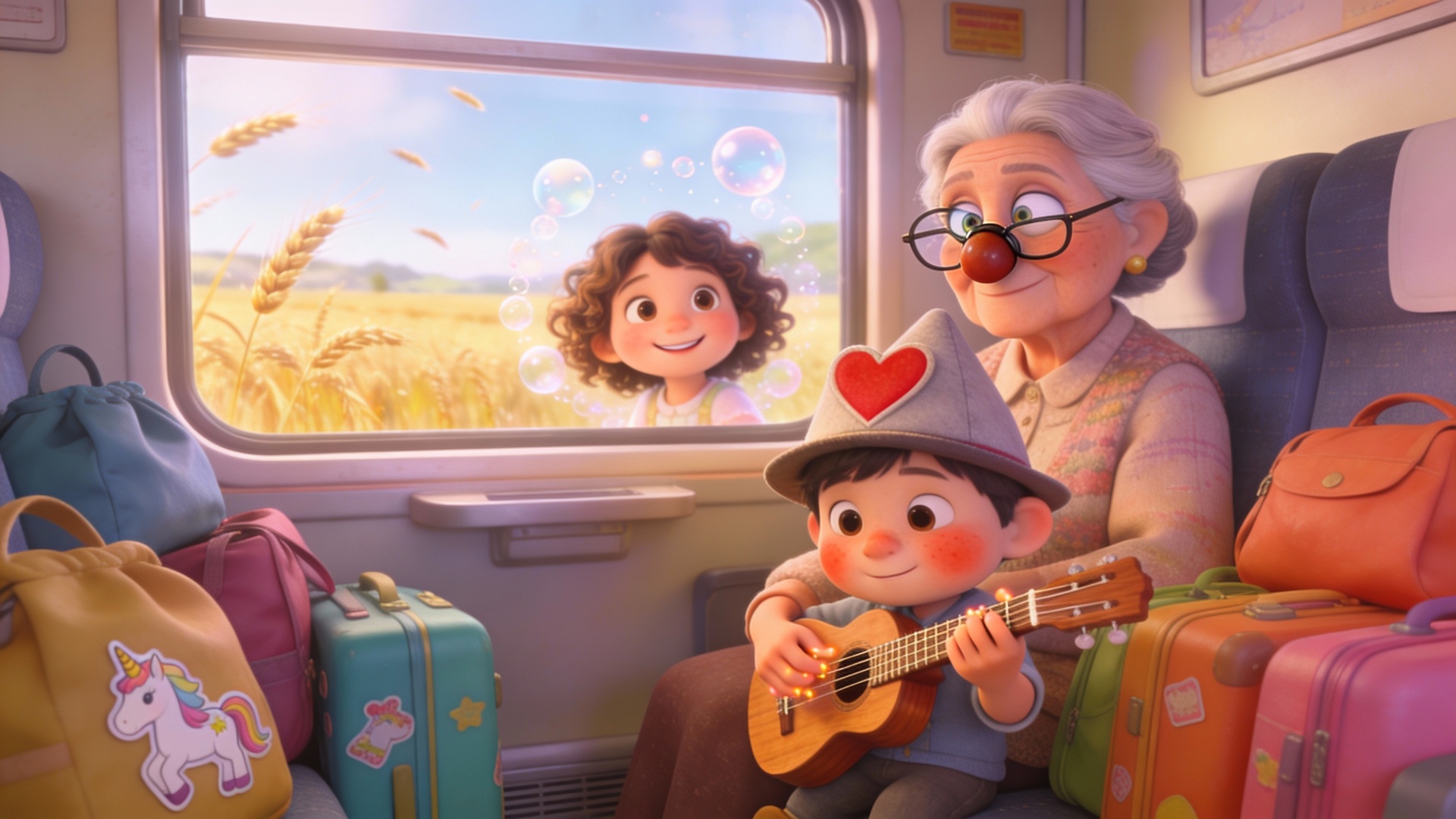 Le petit garnement joue avec sérieux de la guitare, la grand mère sort de sa rêverie et le regard...