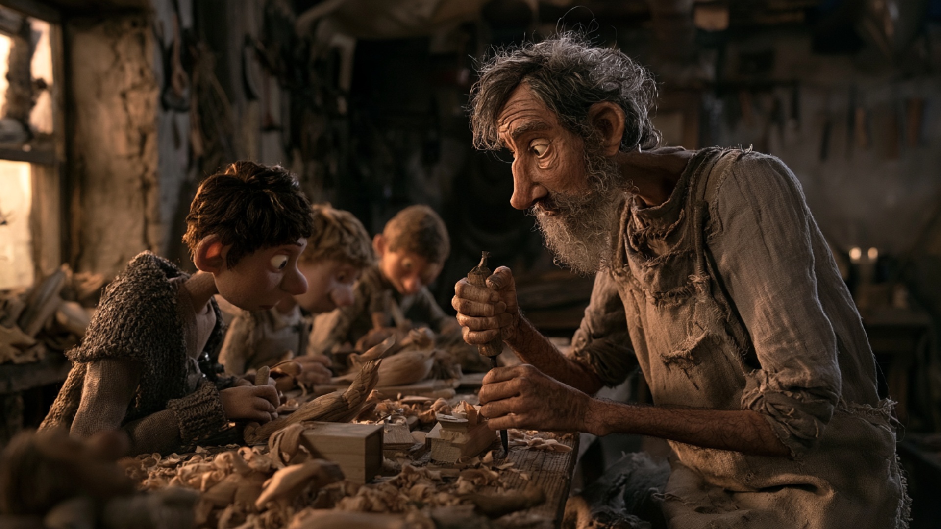 Cinematic side push across the workbench toward the elderly woodcarver. He presses the existing c...