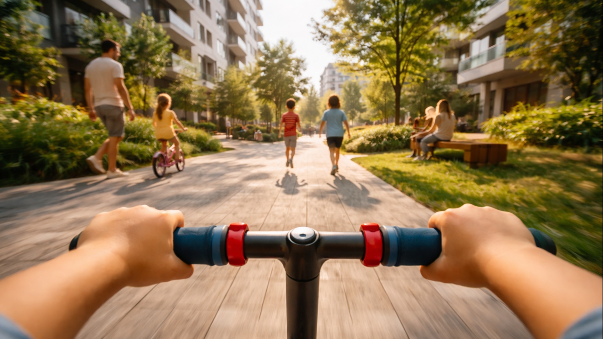 First-person perspective of a child riding a scooter along a sunny residential park pathway. The ...
