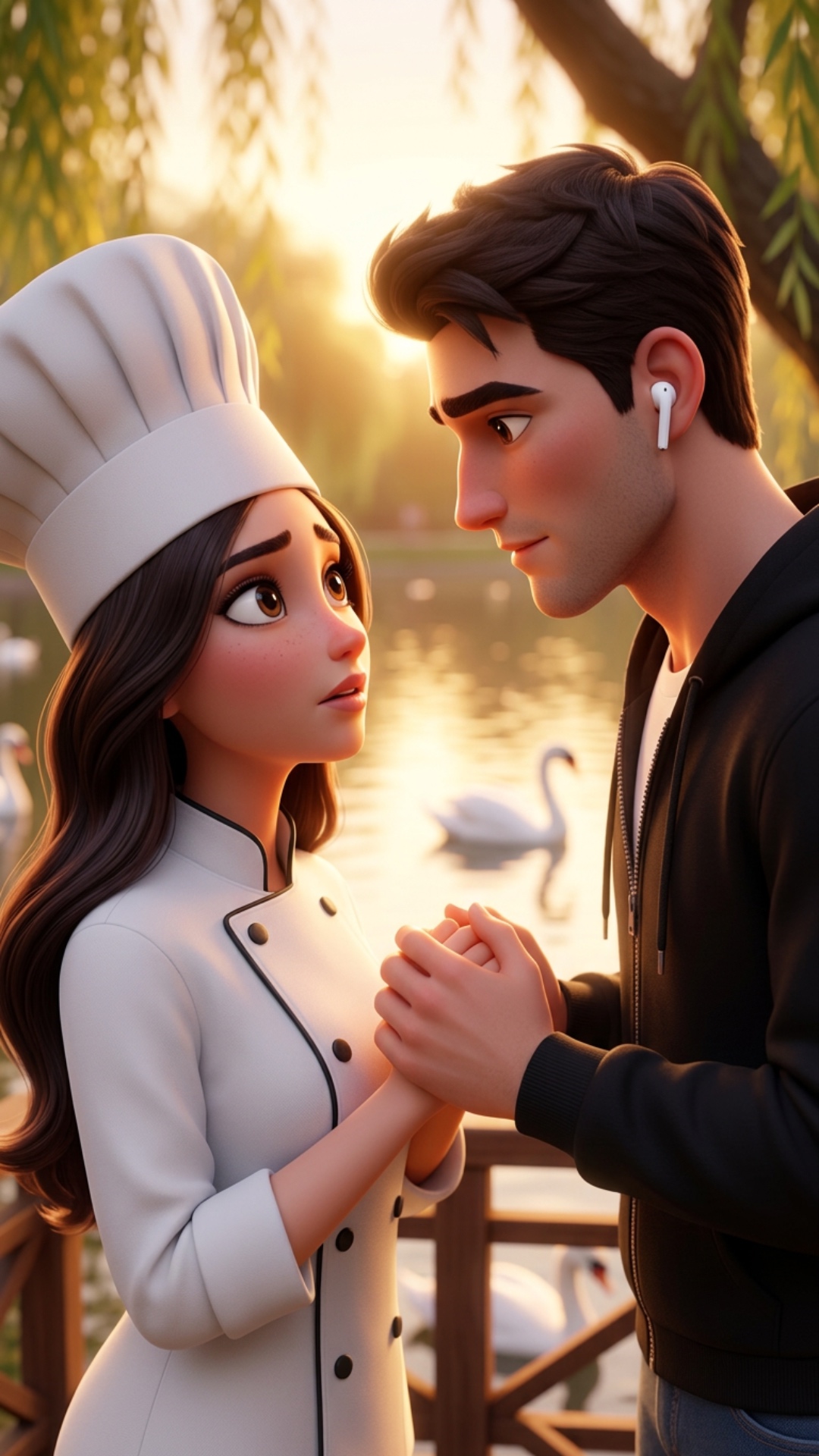 Strong rule: style --- 3D Pixar ---. Берег пруда в парке, на заднем плане грациозно плавают белые...