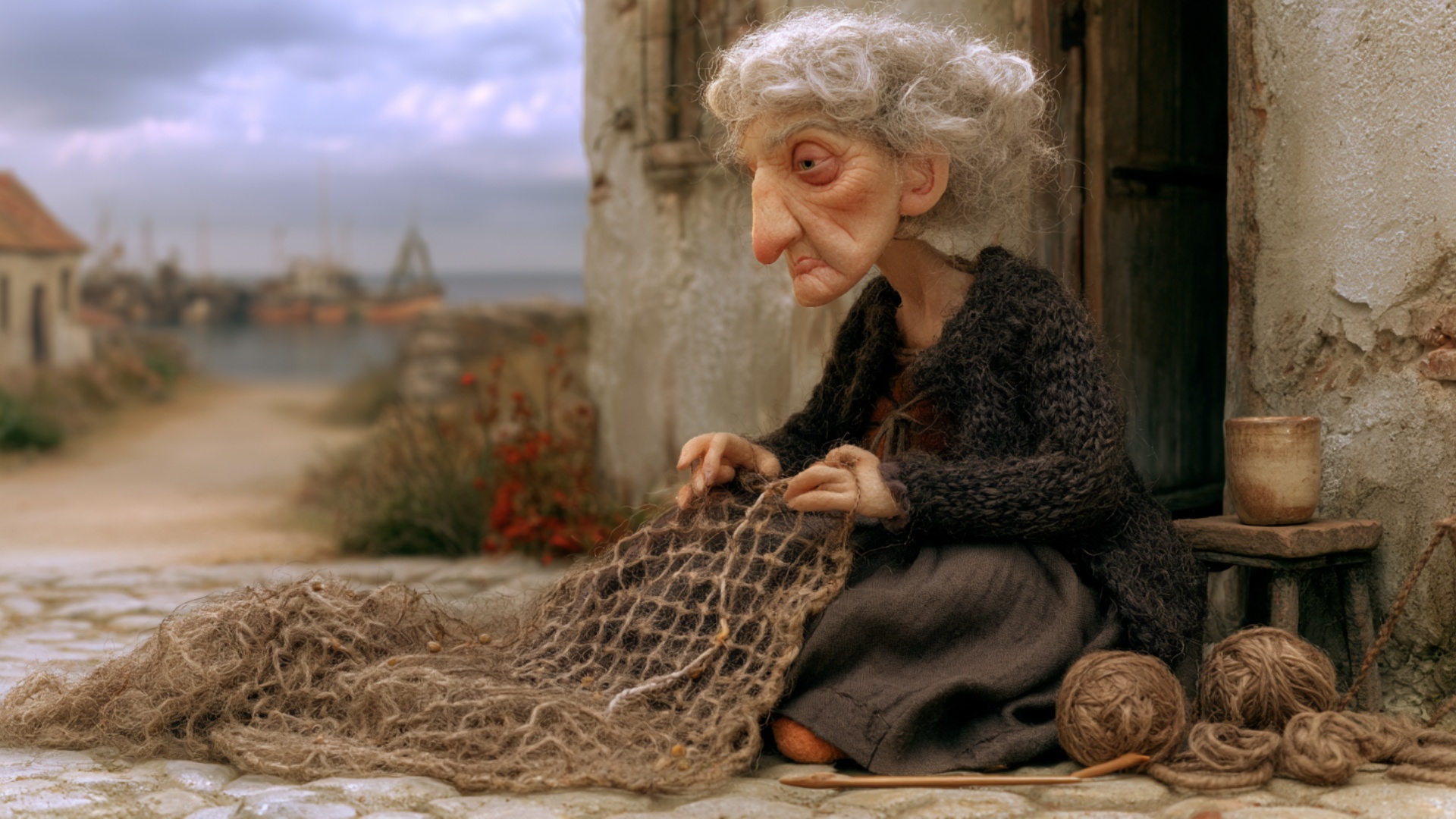 The woman threads the netting needle through one broken section of the fishing net and pulls the ...