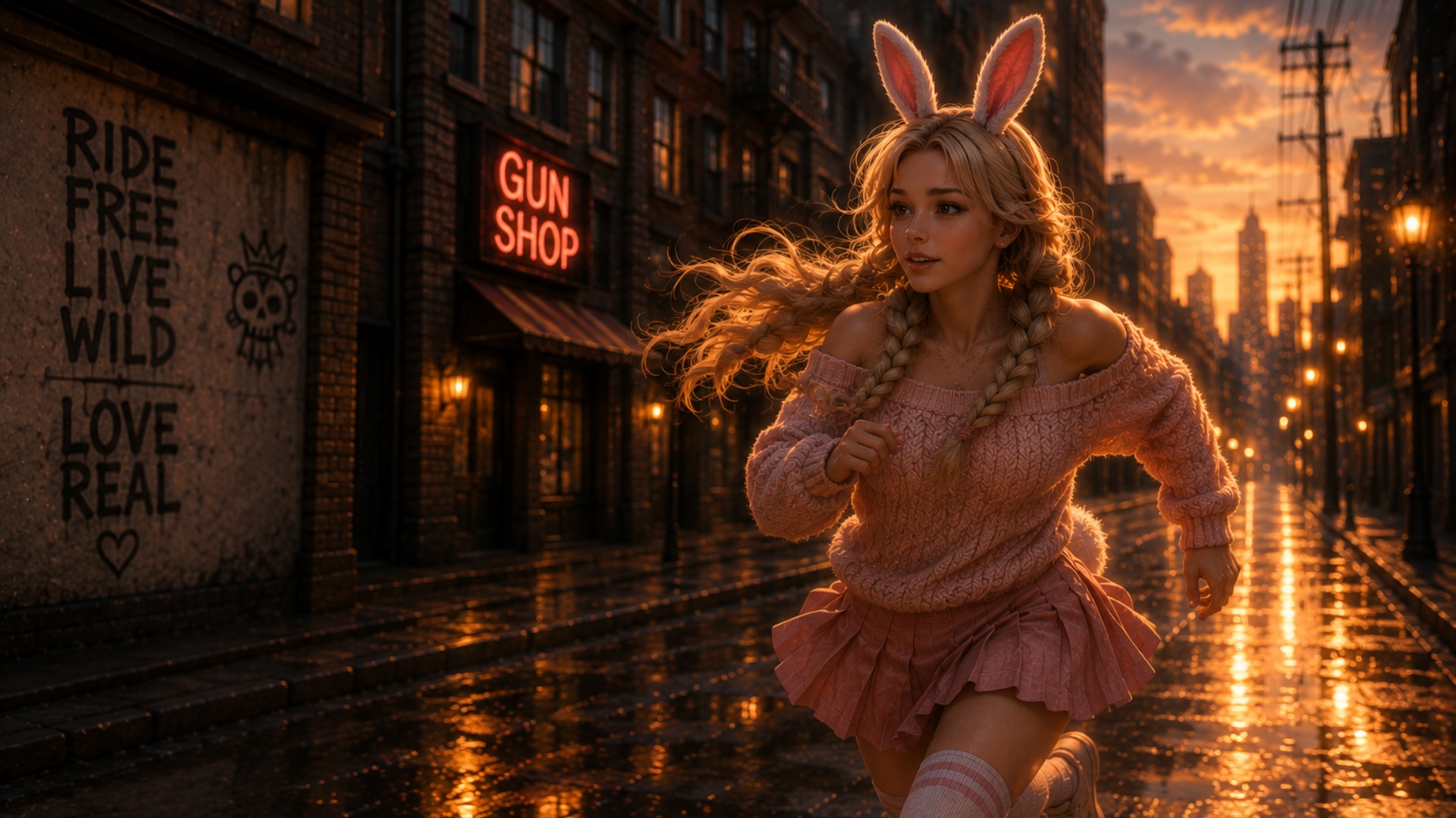The Bunny runs joyfully down the rain-soaked street, her braids bouncing and bunny ears gently fl...