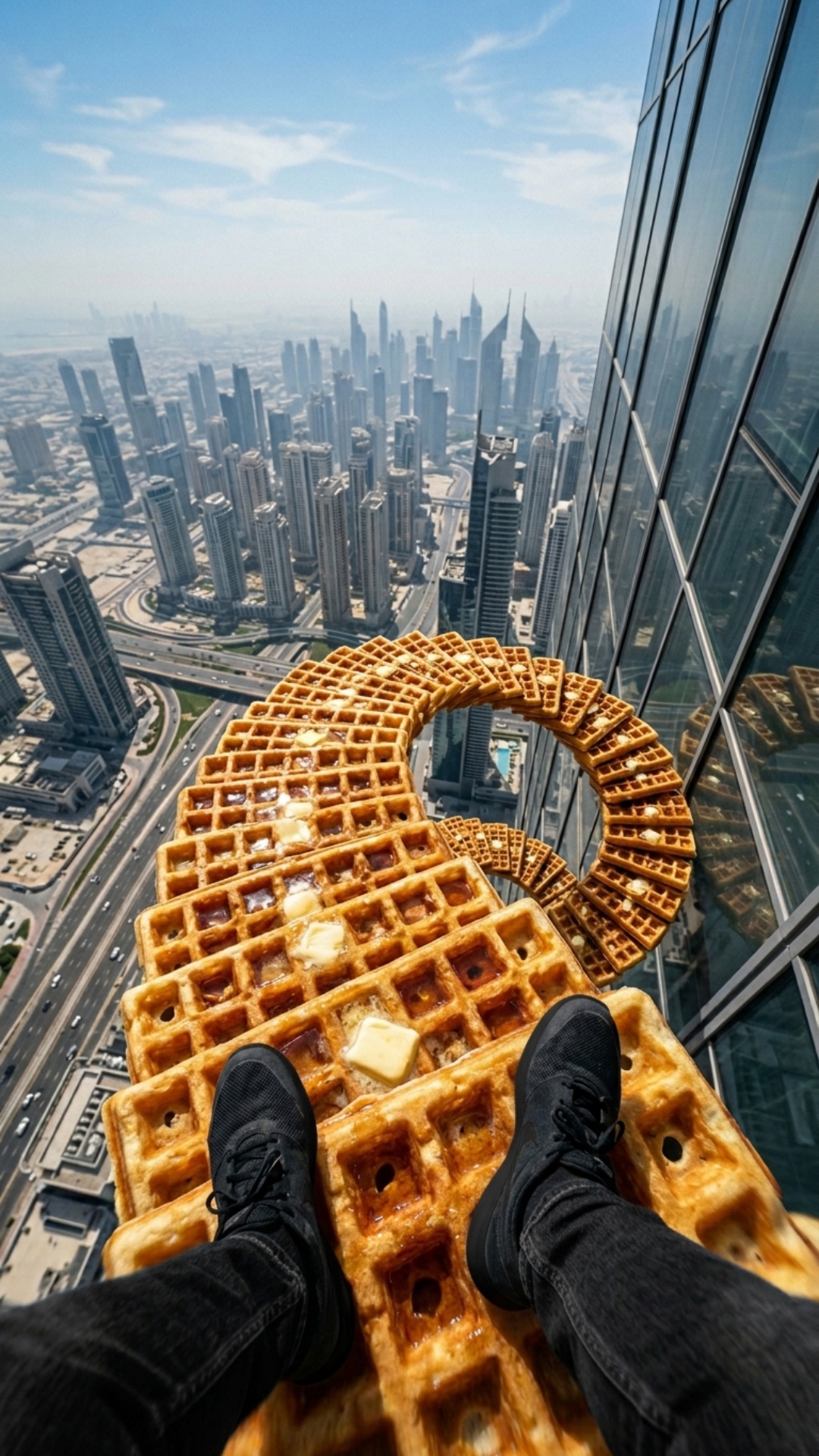 First-person POV animation of a person carefully walking down a surreal spiral staircase made of ...