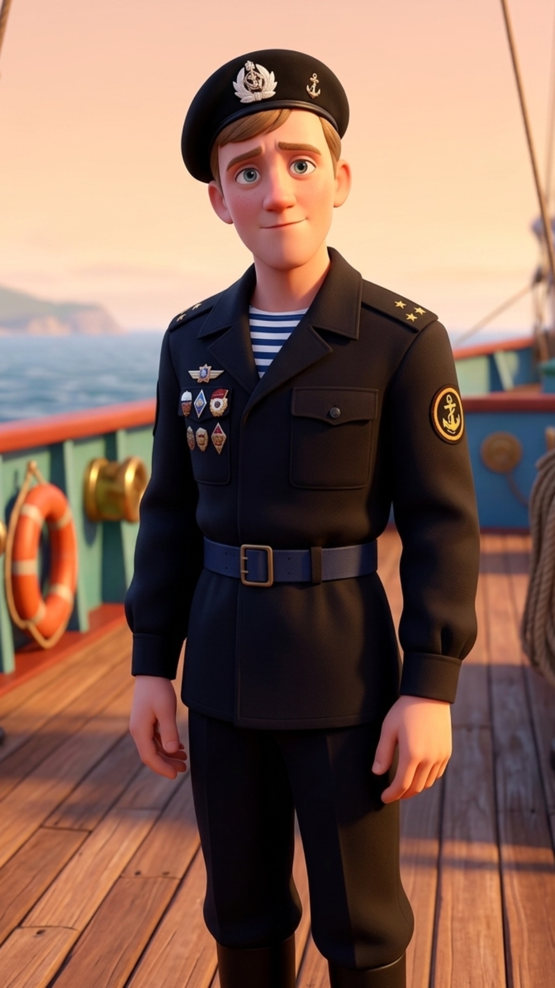 A full-body 3D animation in Pixar style of a young male Soviet marine character from the referenc...