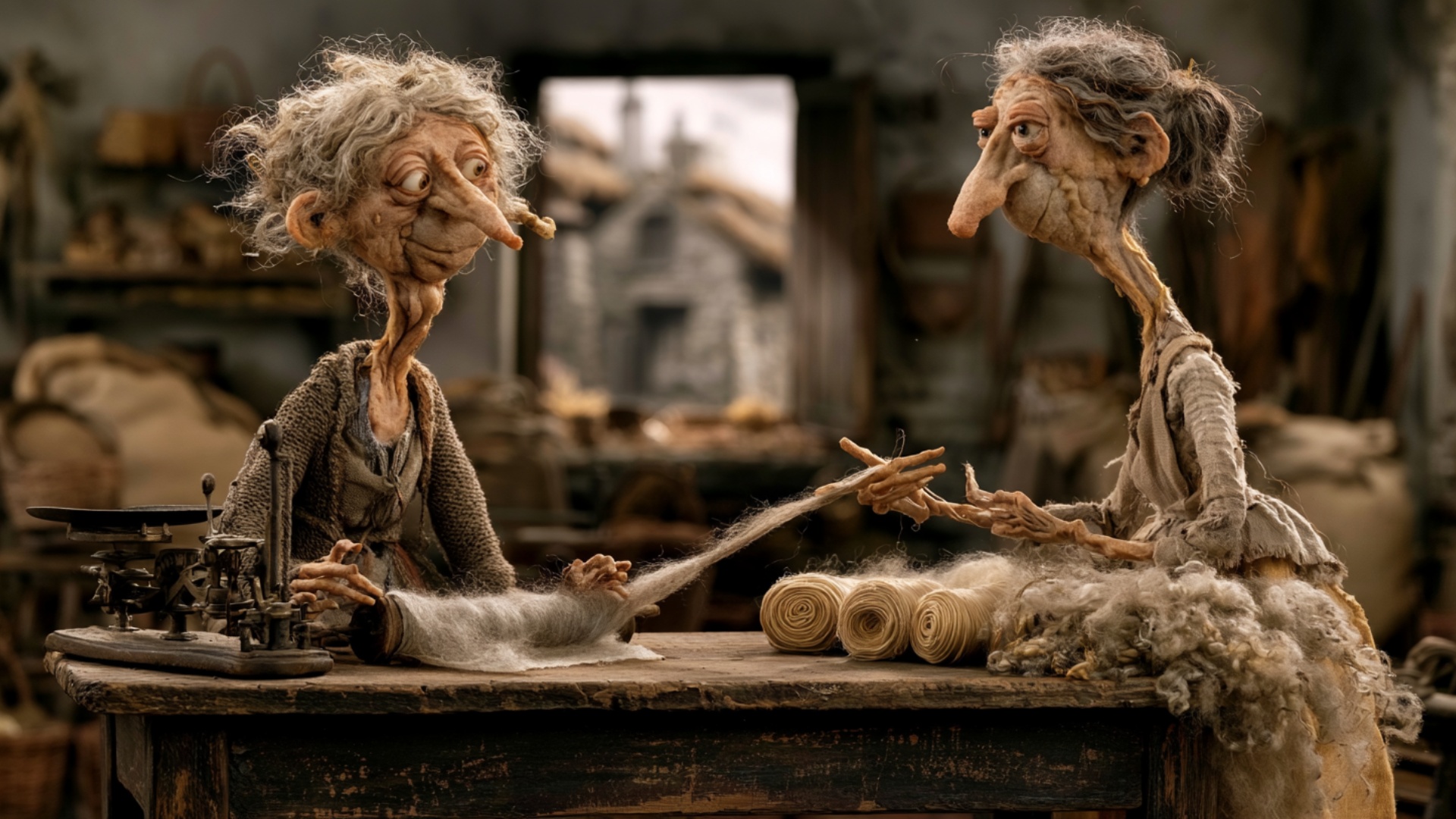 The woman on the right pulls a long soft strip of carded wool toward herself while the woman on t...