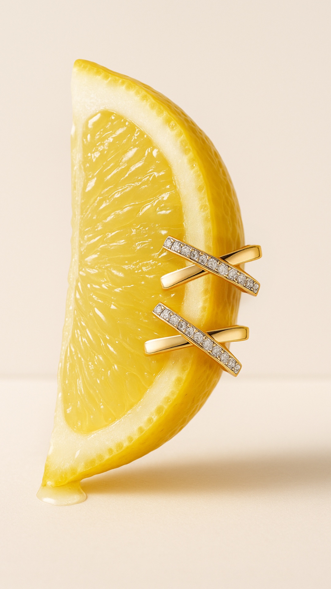 A close-up shot of a juicy lemon wedge with detailed citrus texture and glistening juice drops. T...