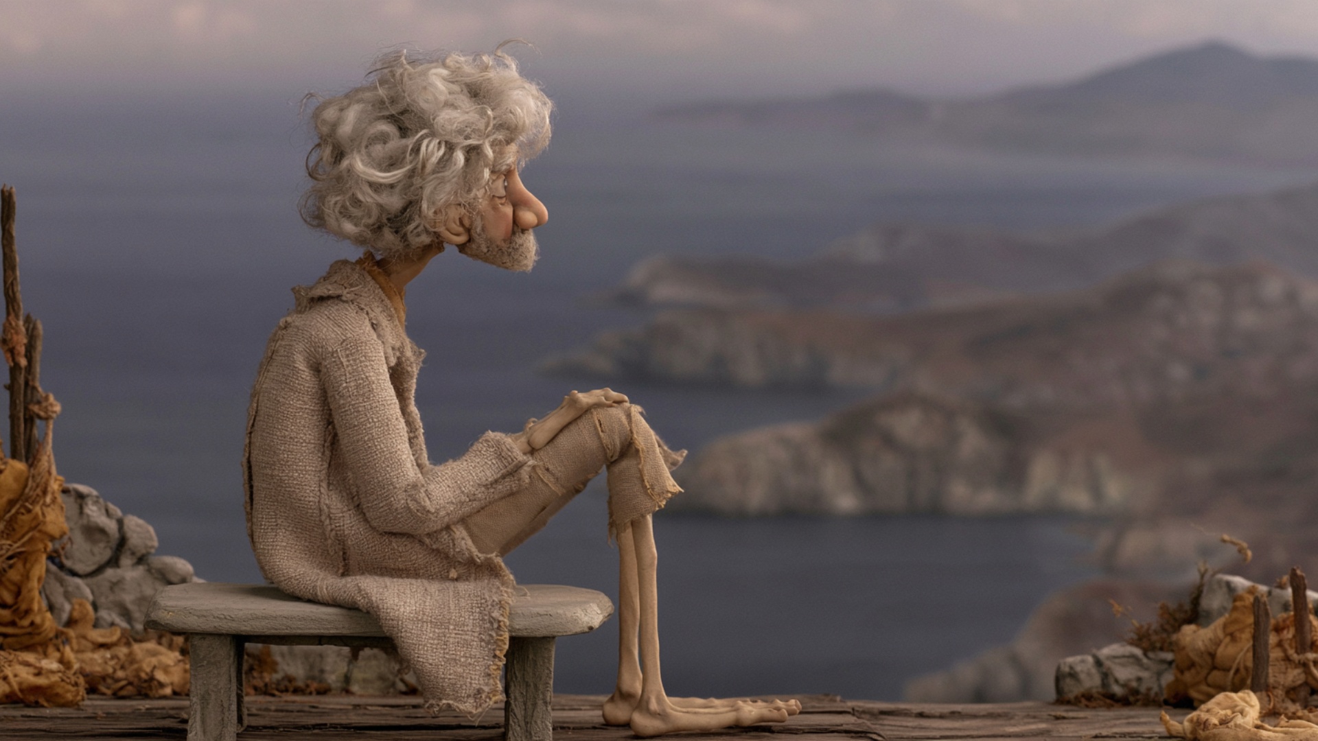 Gentle cinematic push-in. The seated man remains on the bench with both feet firmly planted on th...