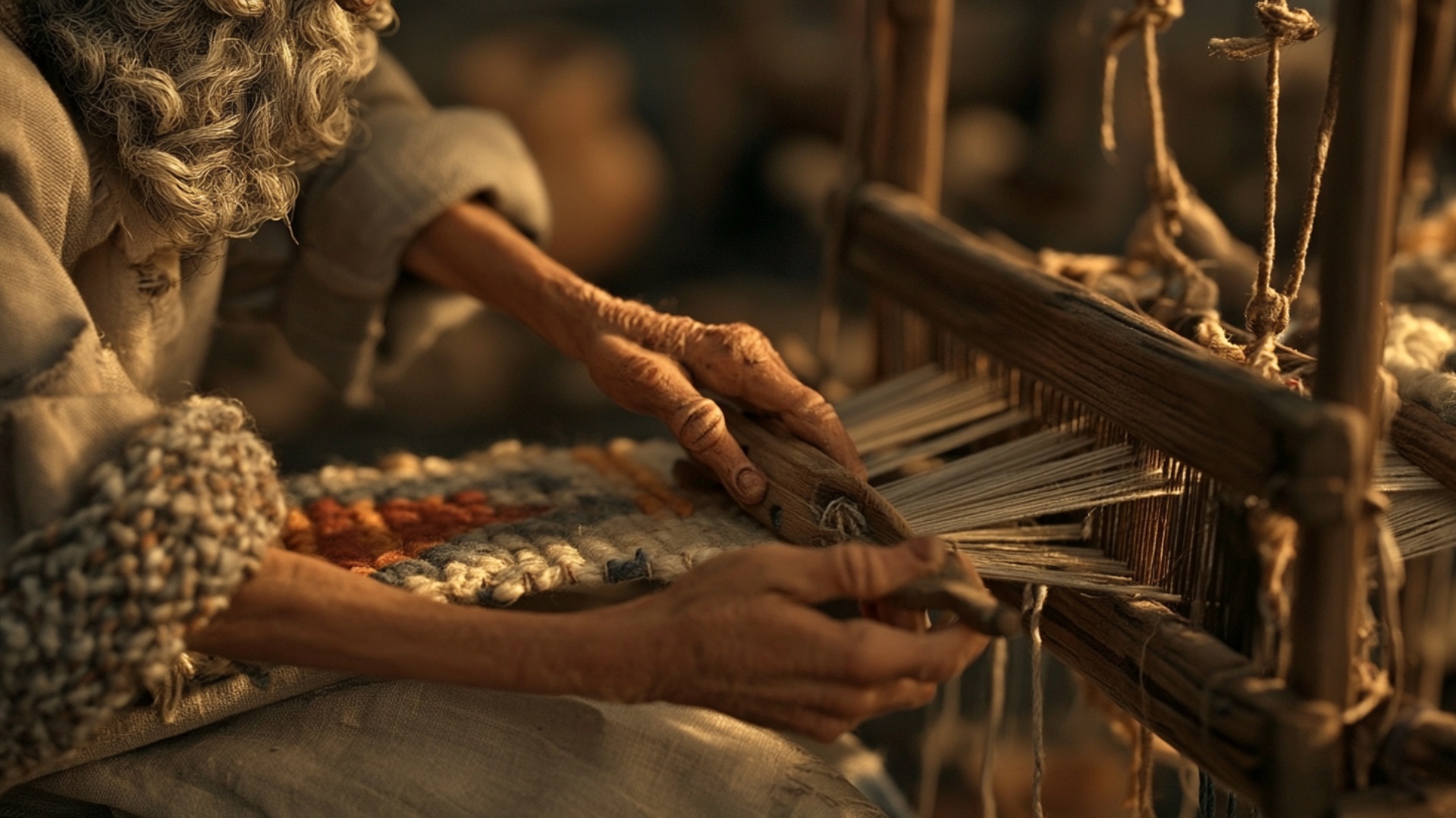 The upper hand guides the wooden shuttle through the stretched warp threads in one clean pass. Th...